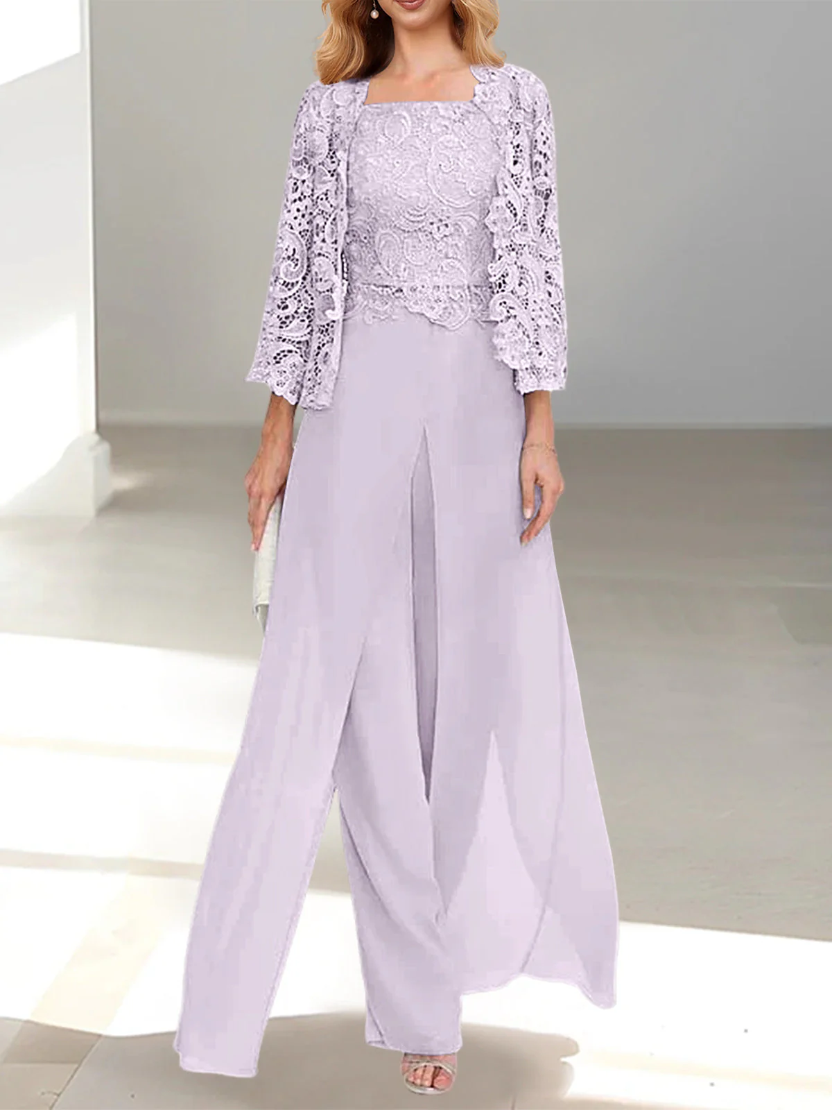 Chiffon Square Neck Floor-Length Mother of the Bride Pantsuits with Jacket & Split Side - Image 50