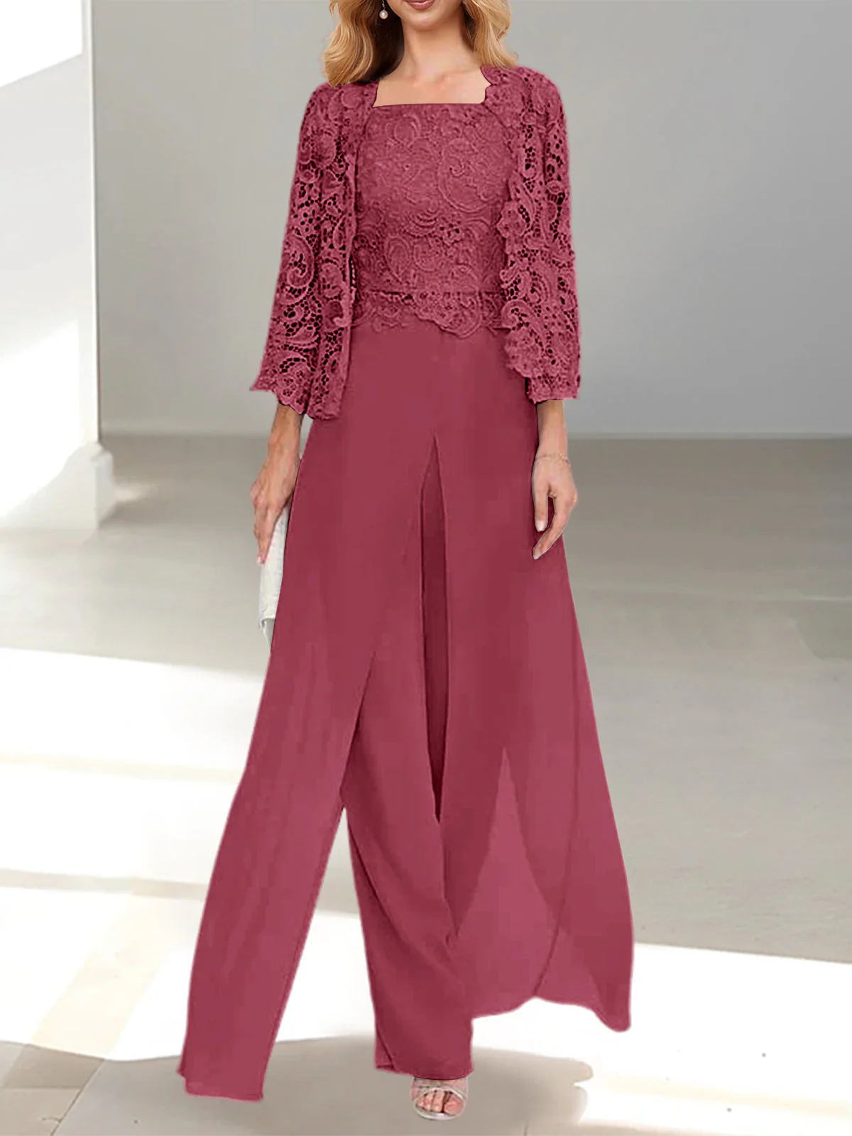 Chiffon Square Neck Floor-Length Mother of the Bride Pantsuits with Jacket & Split Side - Image 51