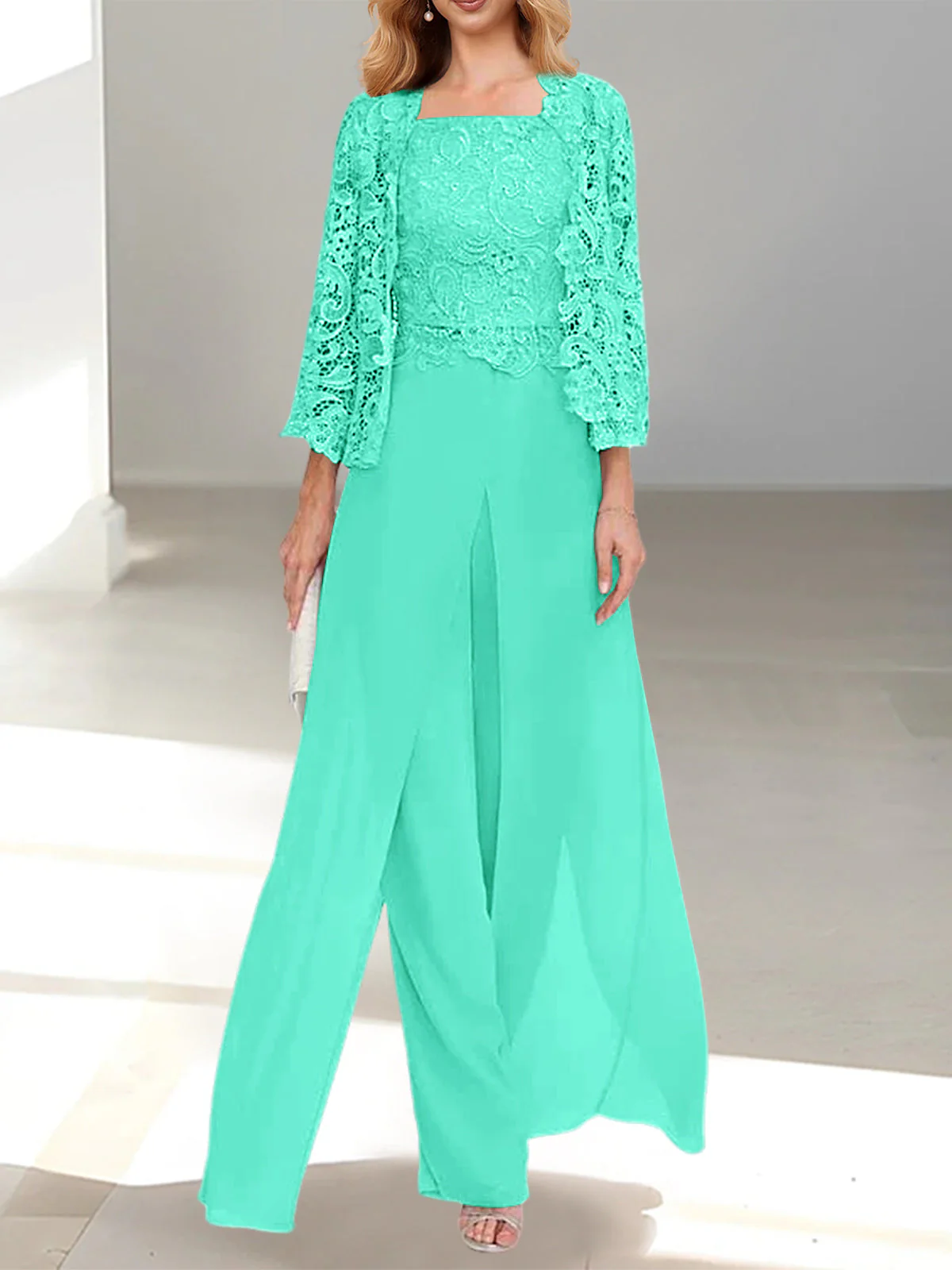 Chiffon Square Neck Floor-Length Mother of the Bride Pantsuits with Jacket & Split Side - Image 61