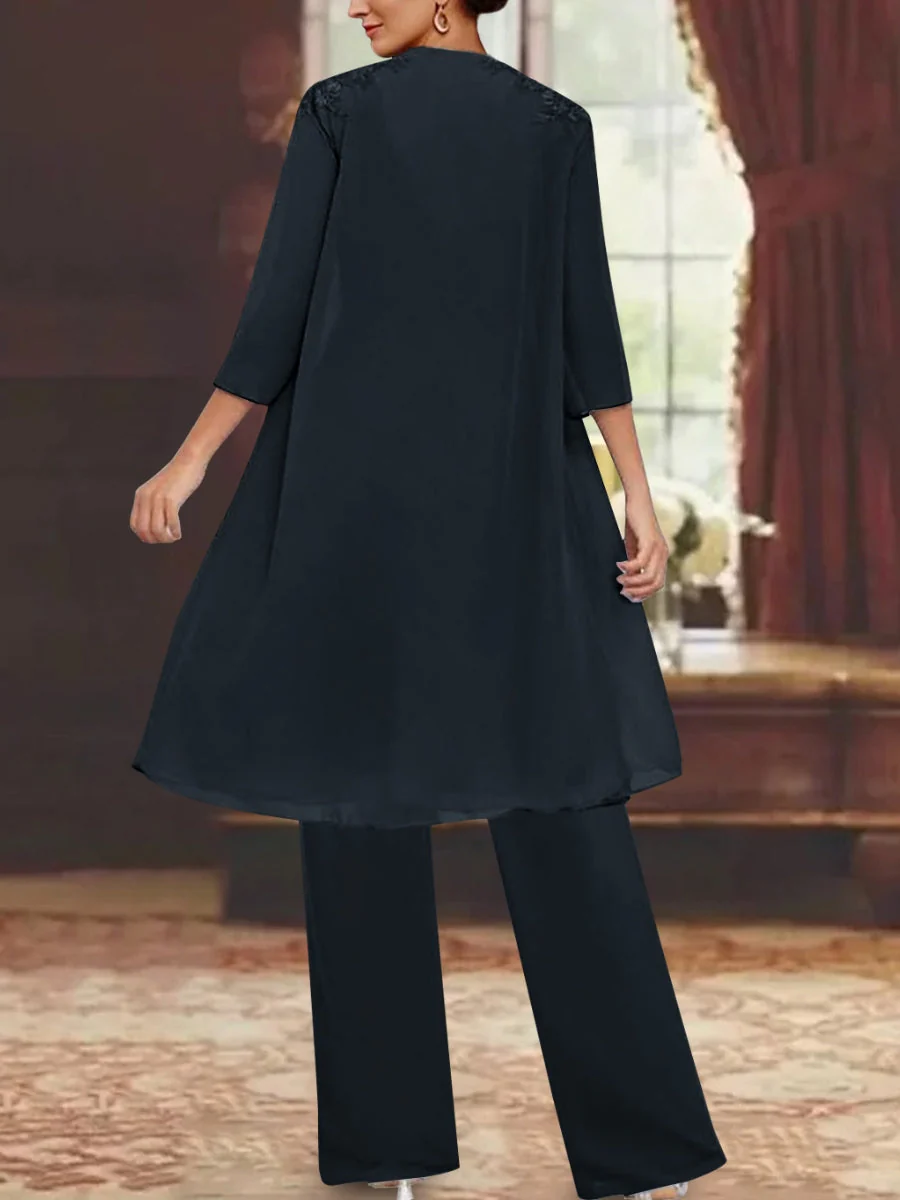 Chiffon V-Neck 3/4 Sleeves Appliques Mother of the Bride Pantsuits with Jacket Ankle-Length - Image 2