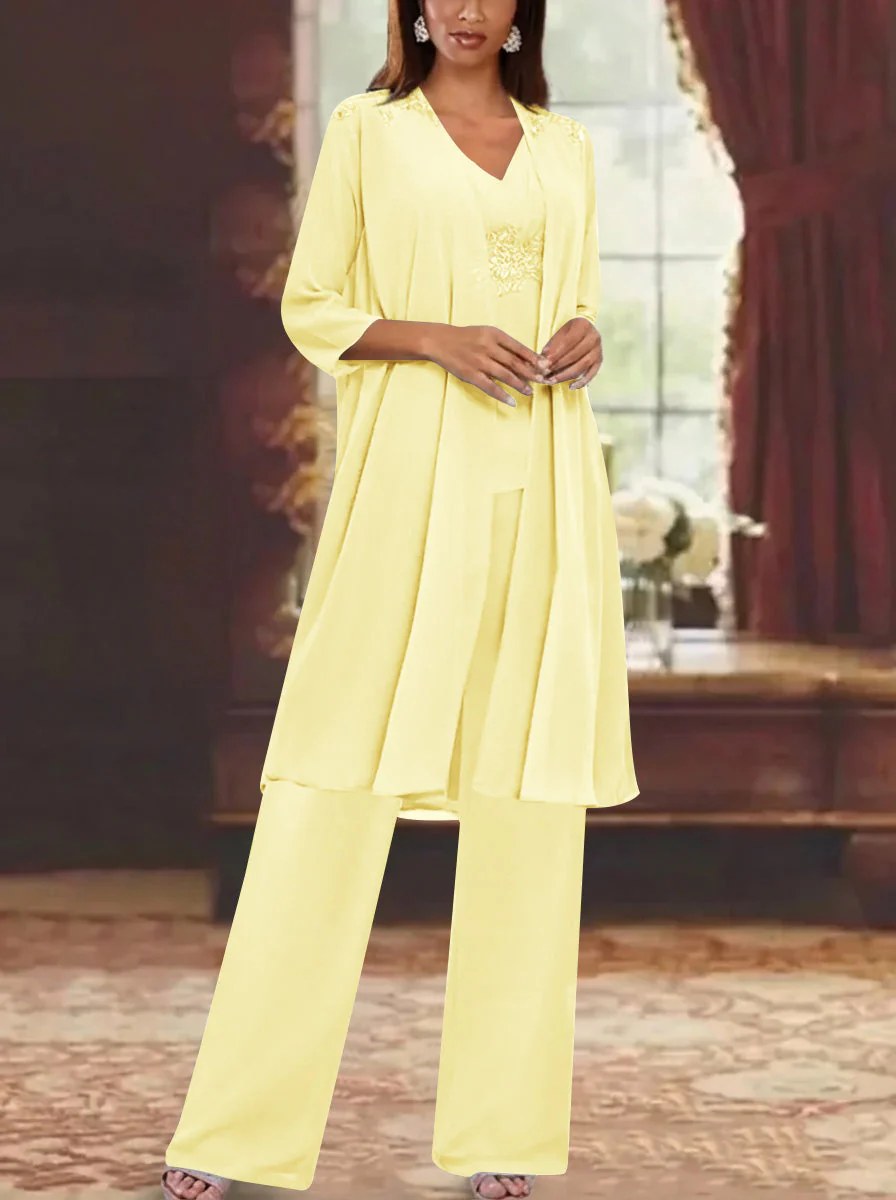 Chiffon V-Neck 3/4 Sleeves Appliques Mother of the Bride Pantsuits with Jacket Ankle-Length - Image 22