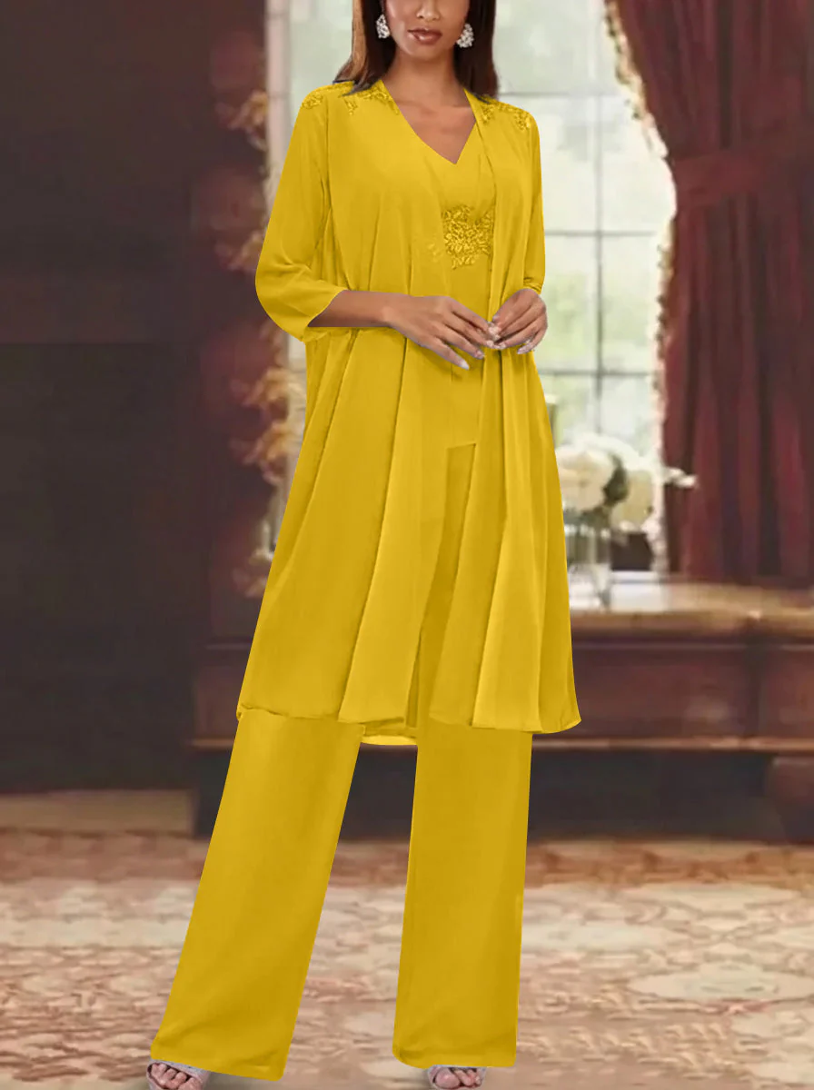 Chiffon V-Neck 3/4 Sleeves Appliques Mother of the Bride Pantsuits with Jacket Ankle-Length - Image 28
