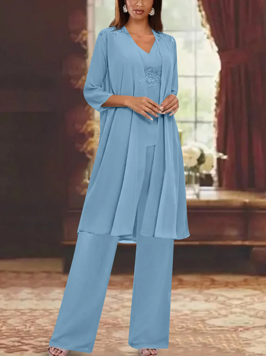Chiffon V-Neck 3/4 Sleeves Appliques Mother of the Bride Pantsuits with Jacket Ankle-Length - Image 34