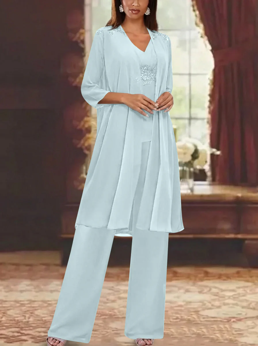Chiffon V-Neck 3/4 Sleeves Appliques Mother of the Bride Pantsuits with Jacket Ankle-Length - Image 48