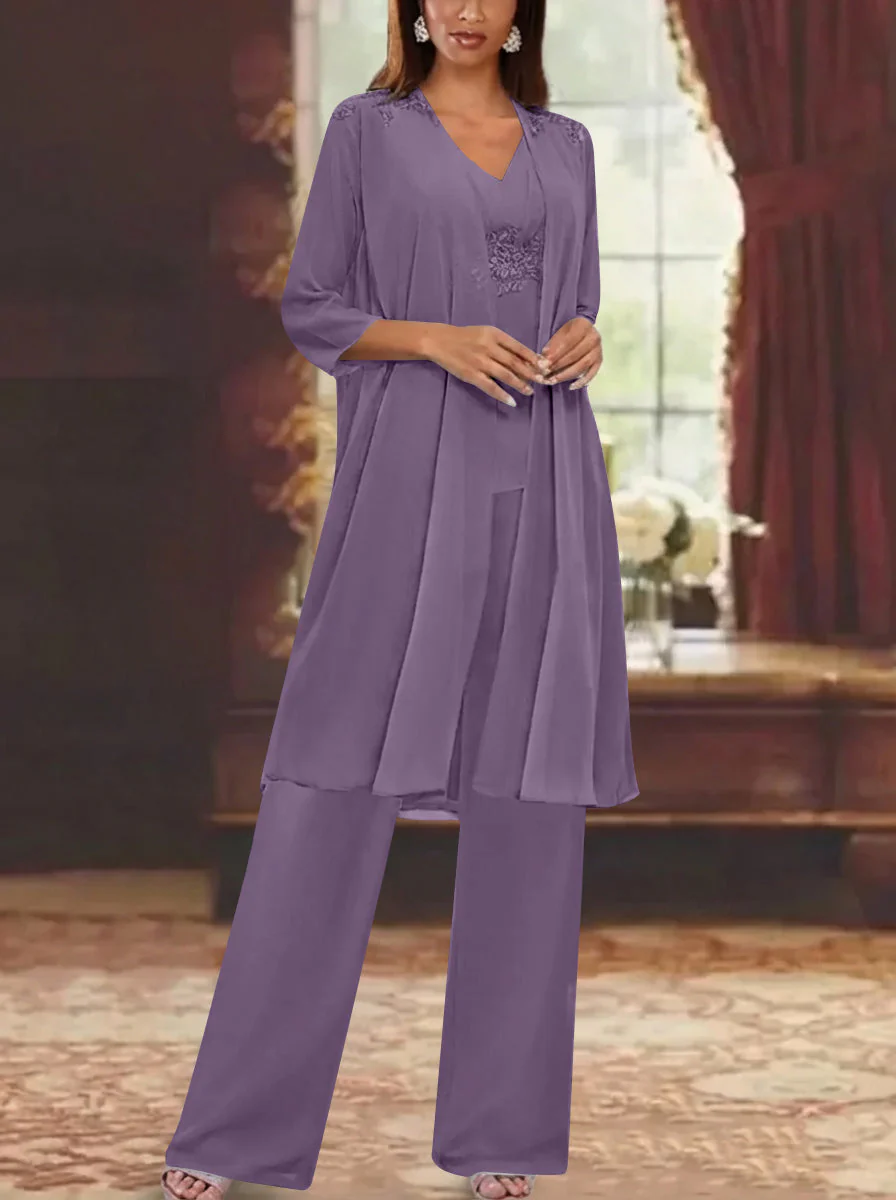 Chiffon V-Neck 3/4 Sleeves Appliques Mother of the Bride Pantsuits with Jacket Ankle-Length - Image 50