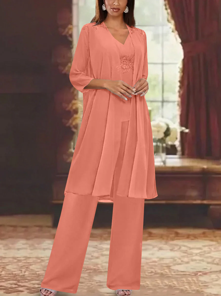 Chiffon V-Neck 3/4 Sleeves Appliques Mother of the Bride Pantsuits with Jacket Ankle-Length - Image 52