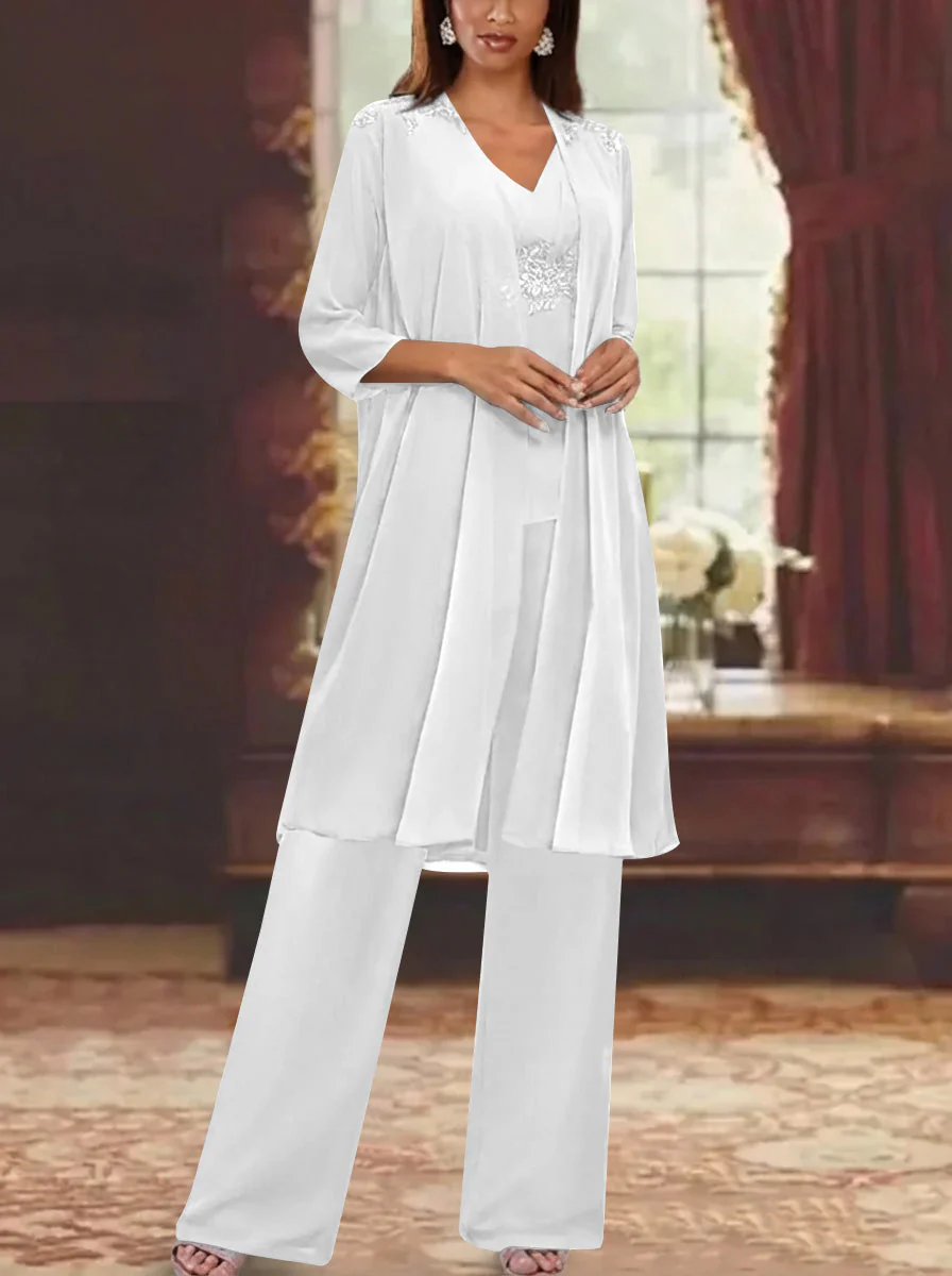 Chiffon V-Neck 3/4 Sleeves Appliques Mother of the Bride Pantsuits with Jacket Ankle-Length - Image 53