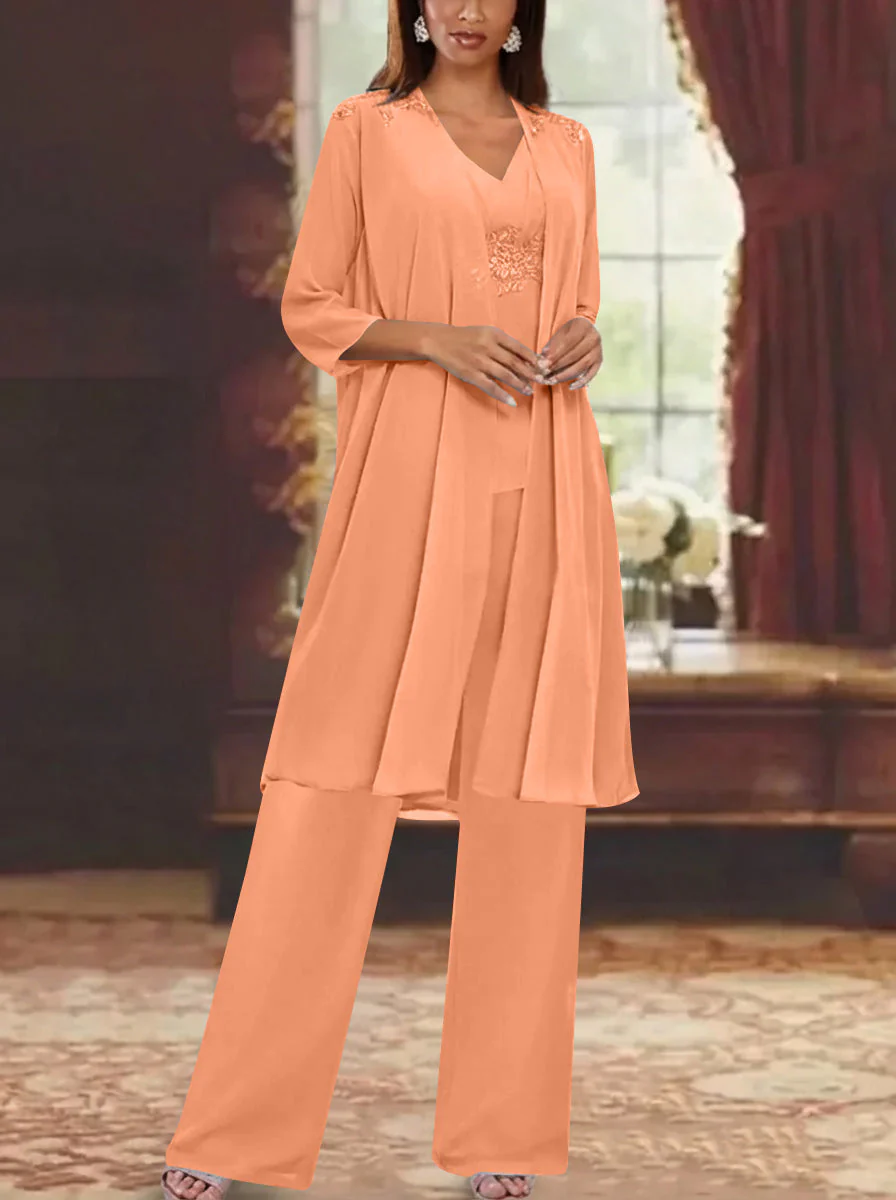 Chiffon V-Neck 3/4 Sleeves Appliques Mother of the Bride Pantsuits with Jacket Ankle-Length - Image 57