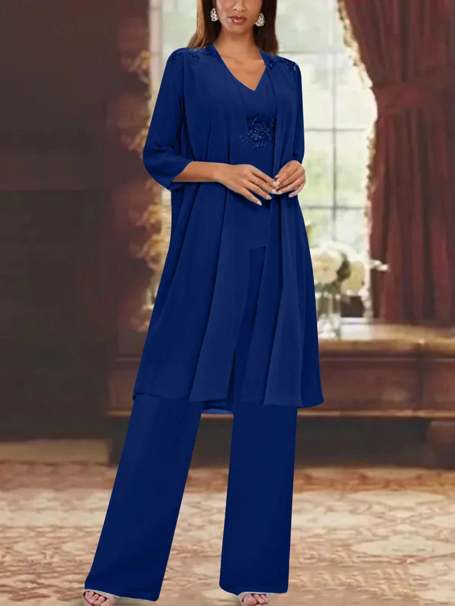 Chiffon V-Neck 3/4 Sleeves Appliques Mother of the Bride Pantsuits with Jacket Ankle-Length - Image 9