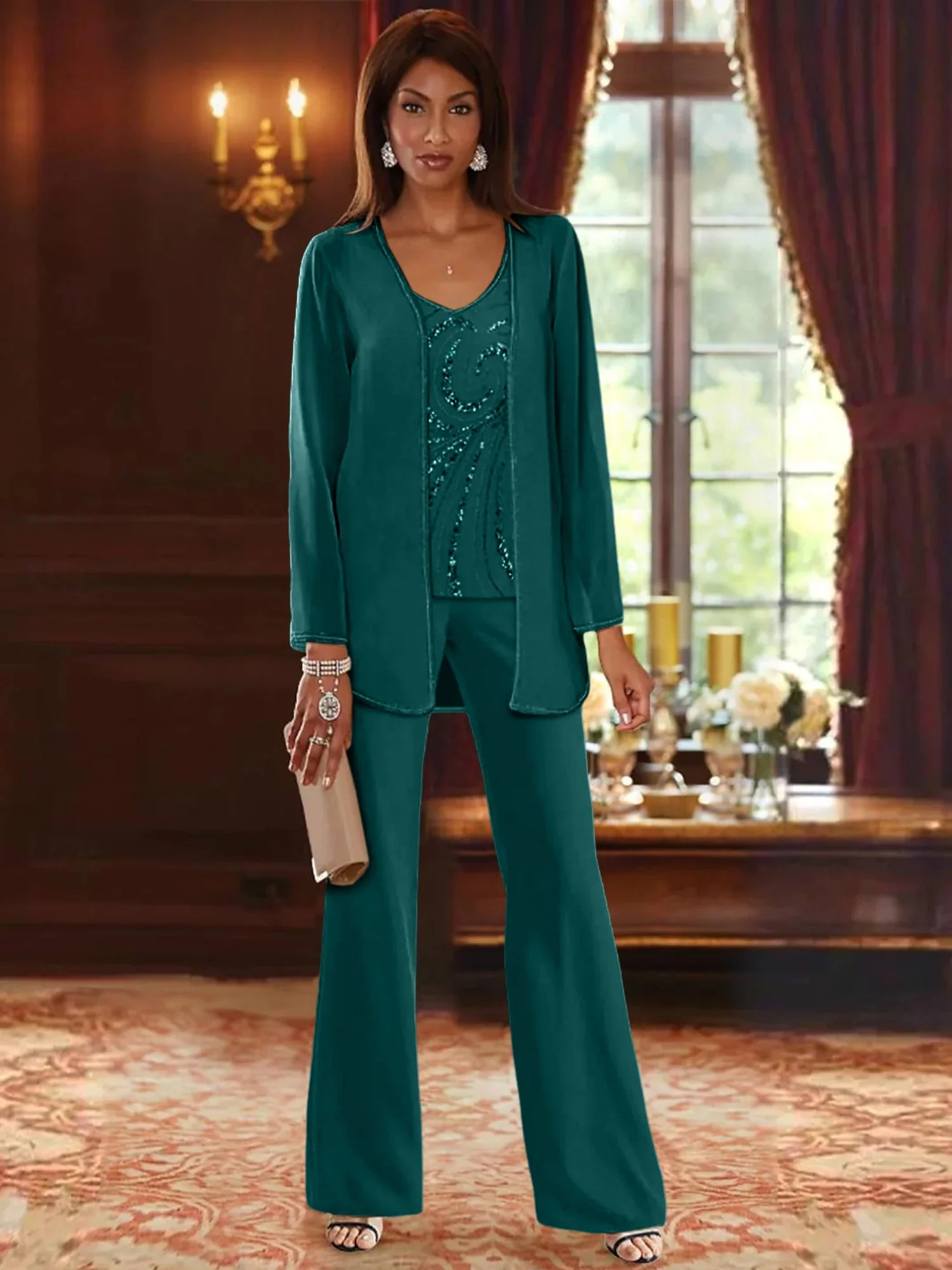 Chiffon V-Neck Floor-Length 3 Pieces Mother of the Bride Pantsuits with Jacket & Sequins - Image 10