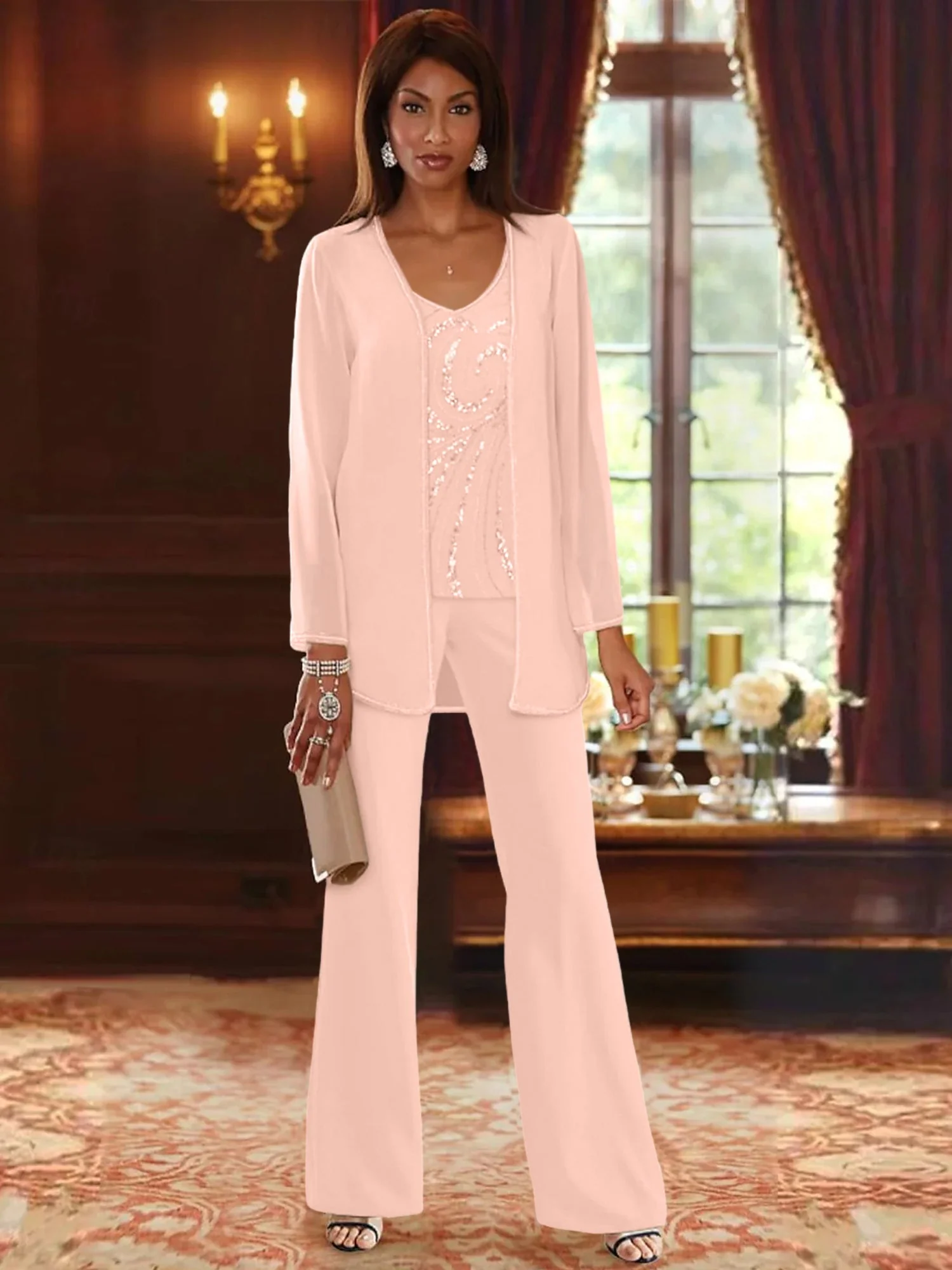 Chiffon V-Neck Floor-Length 3 Pieces Mother of the Bride Pantsuits with Jacket & Sequins - Image 15