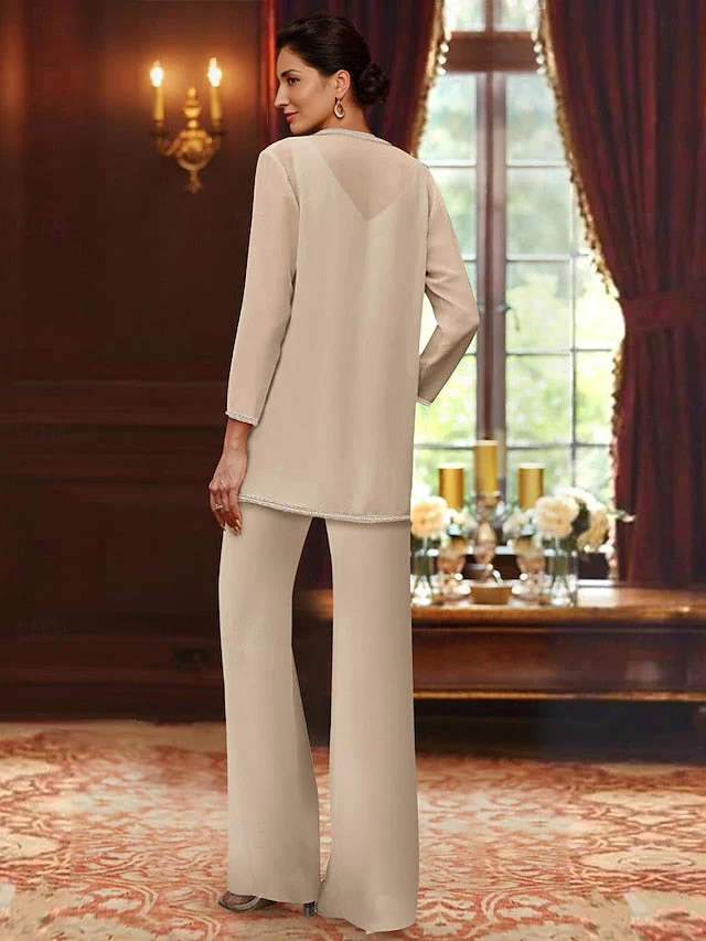 Chiffon V-Neck Floor-Length 3 Pieces Mother of the Bride Pantsuits with Jacket & Sequins - Image 2