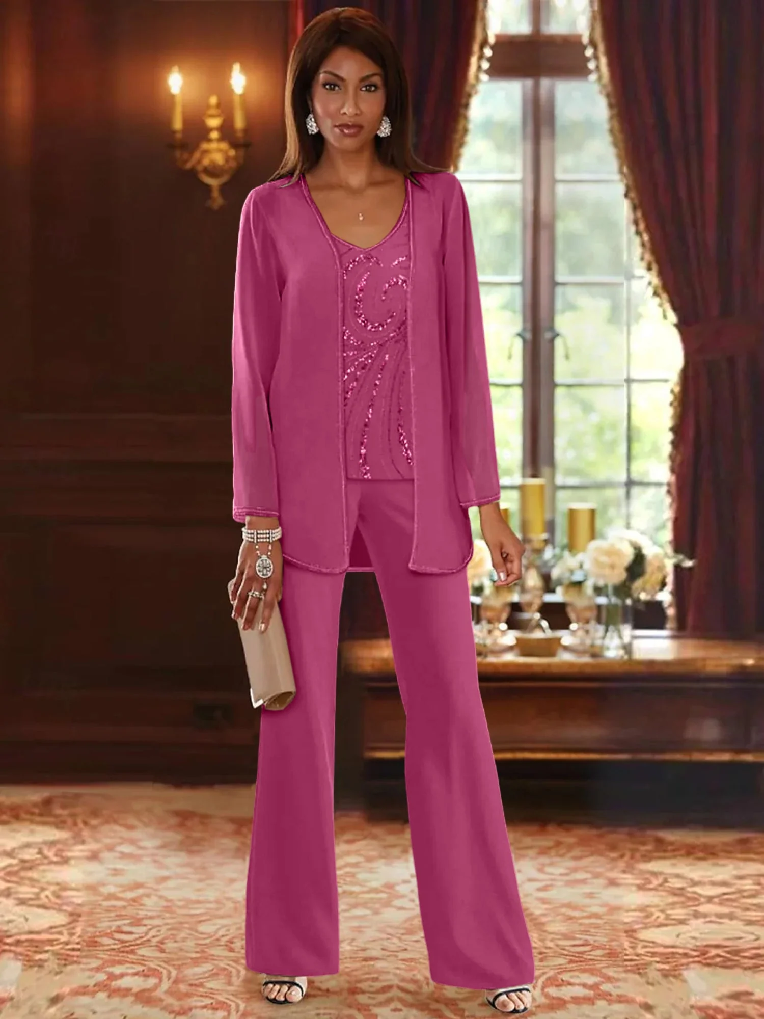 Chiffon V-Neck Floor-Length 3 Pieces Mother of the Bride Pantsuits with Jacket & Sequins - Image 29