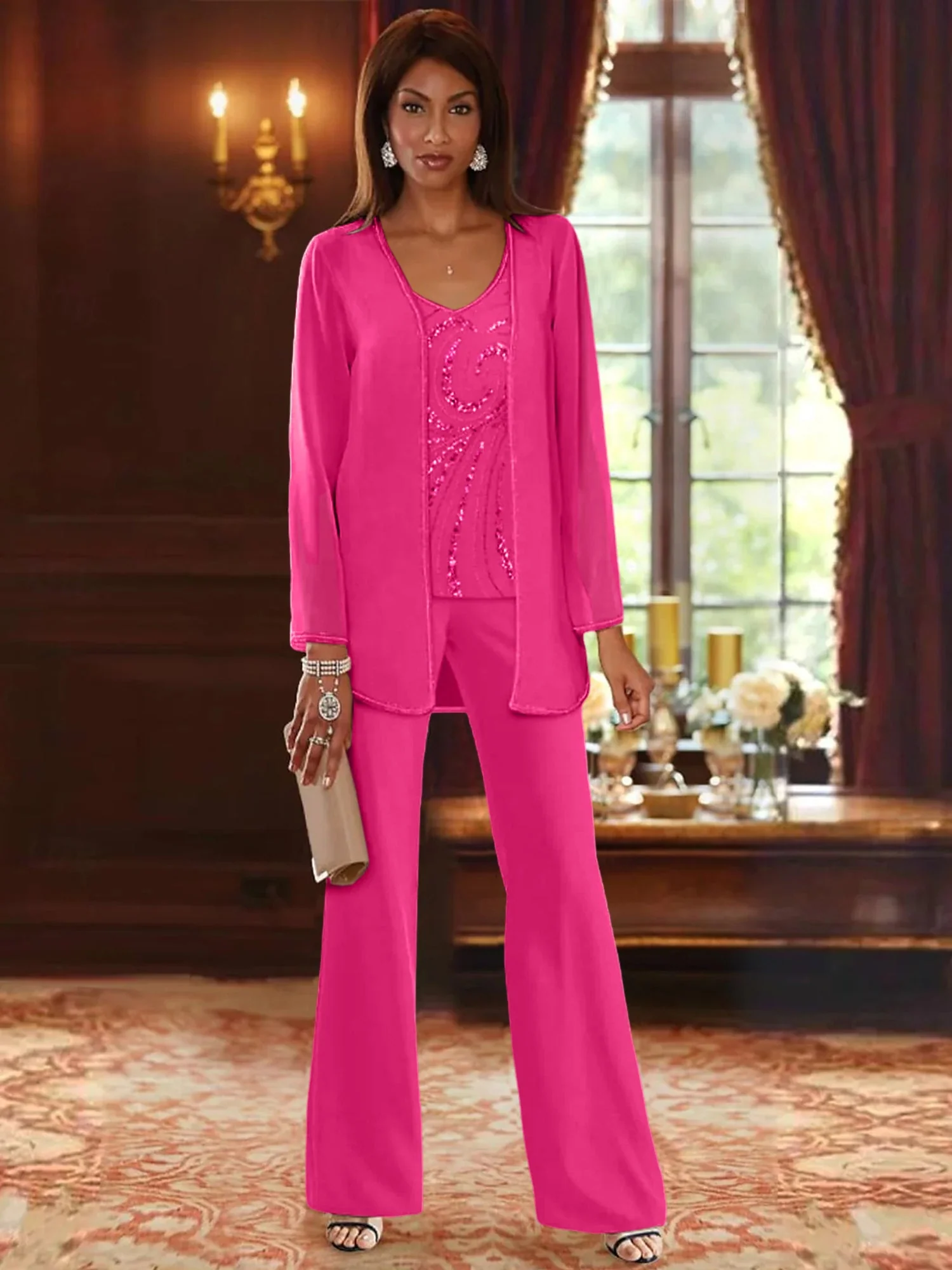 Chiffon V-Neck Floor-Length 3 Pieces Mother of the Bride Pantsuits with Jacket & Sequins - Image 30