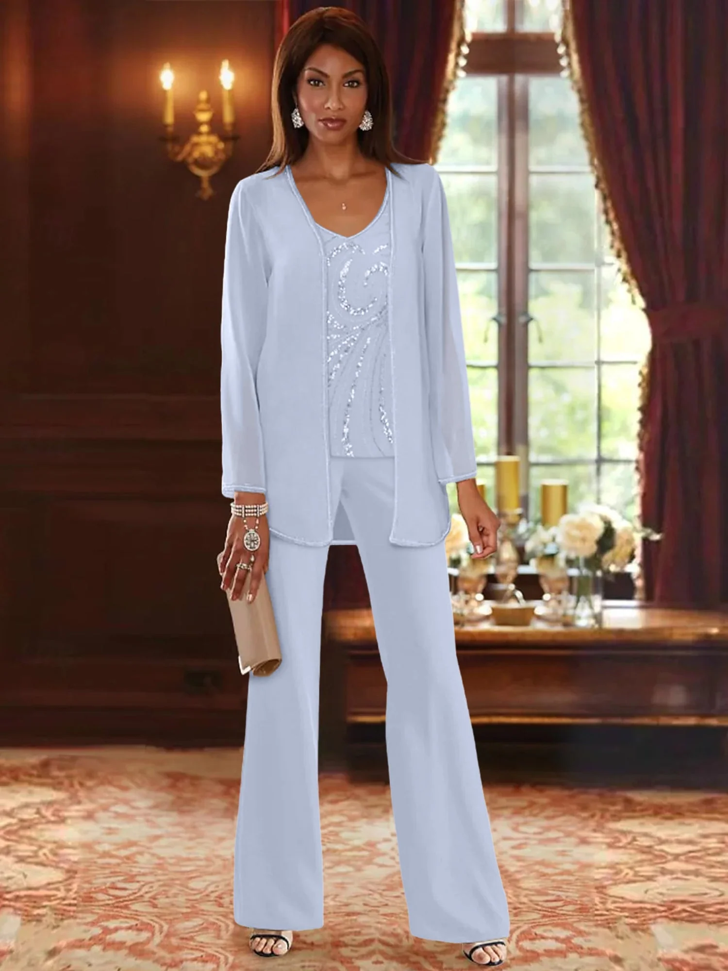 Chiffon V-Neck Floor-Length 3 Pieces Mother of the Bride Pantsuits with Jacket & Sequins - Image 36
