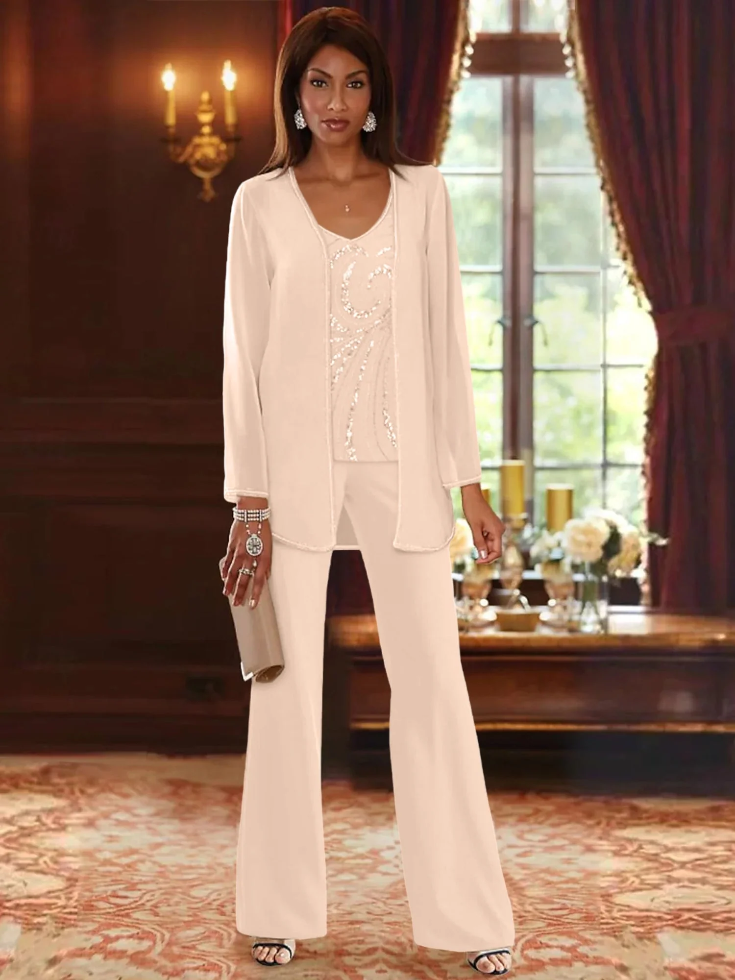 Chiffon V-Neck Floor-Length 3 Pieces Mother of the Bride Pantsuits with Jacket & Sequins - Image 39
