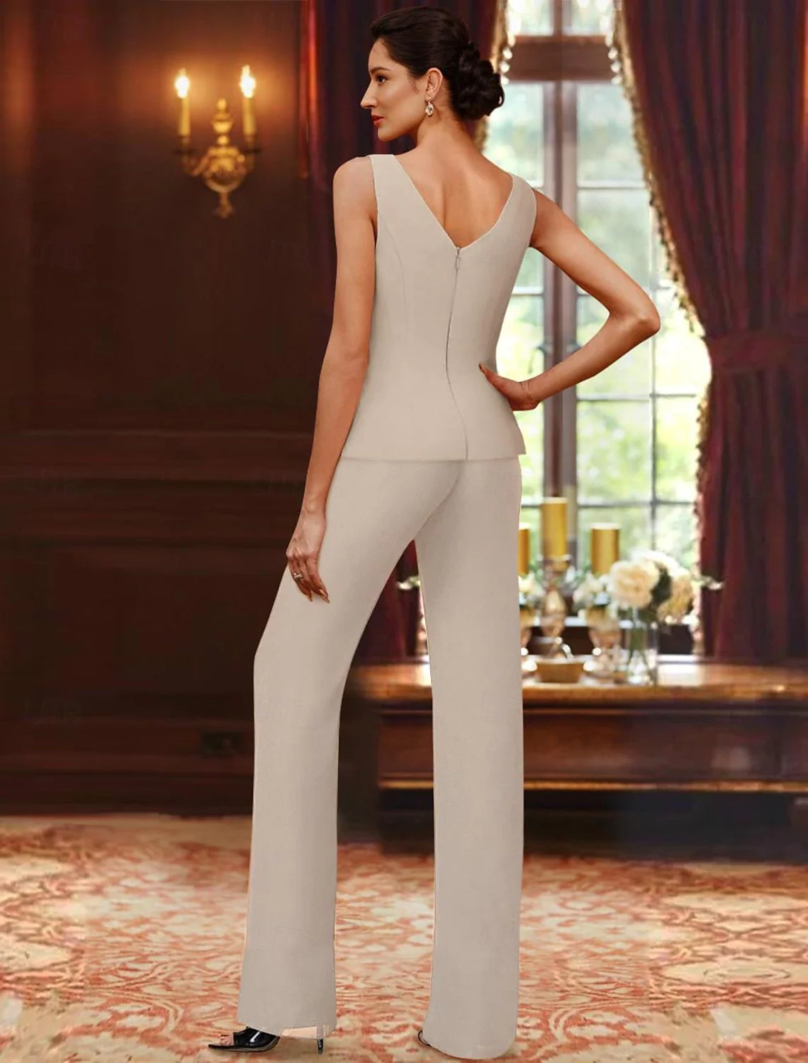 Chiffon V-Neck Floor-Length 3 Pieces Mother of the Bride Pantsuits with Jacket & Sequins - Image 5