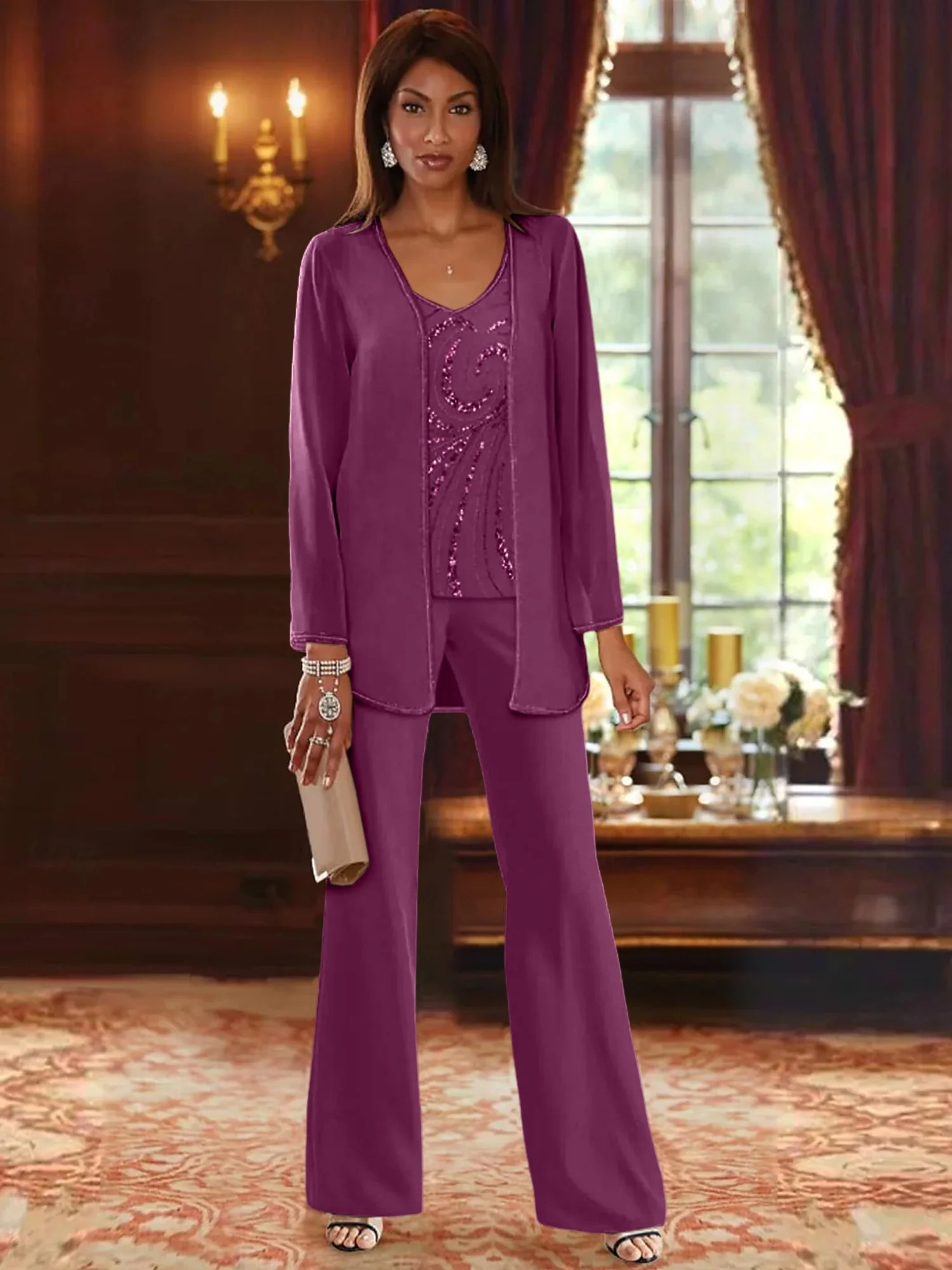 Chiffon V-Neck Floor-Length 3 Pieces Mother of the Bride Pantsuits with Jacket & Sequins - Image 55