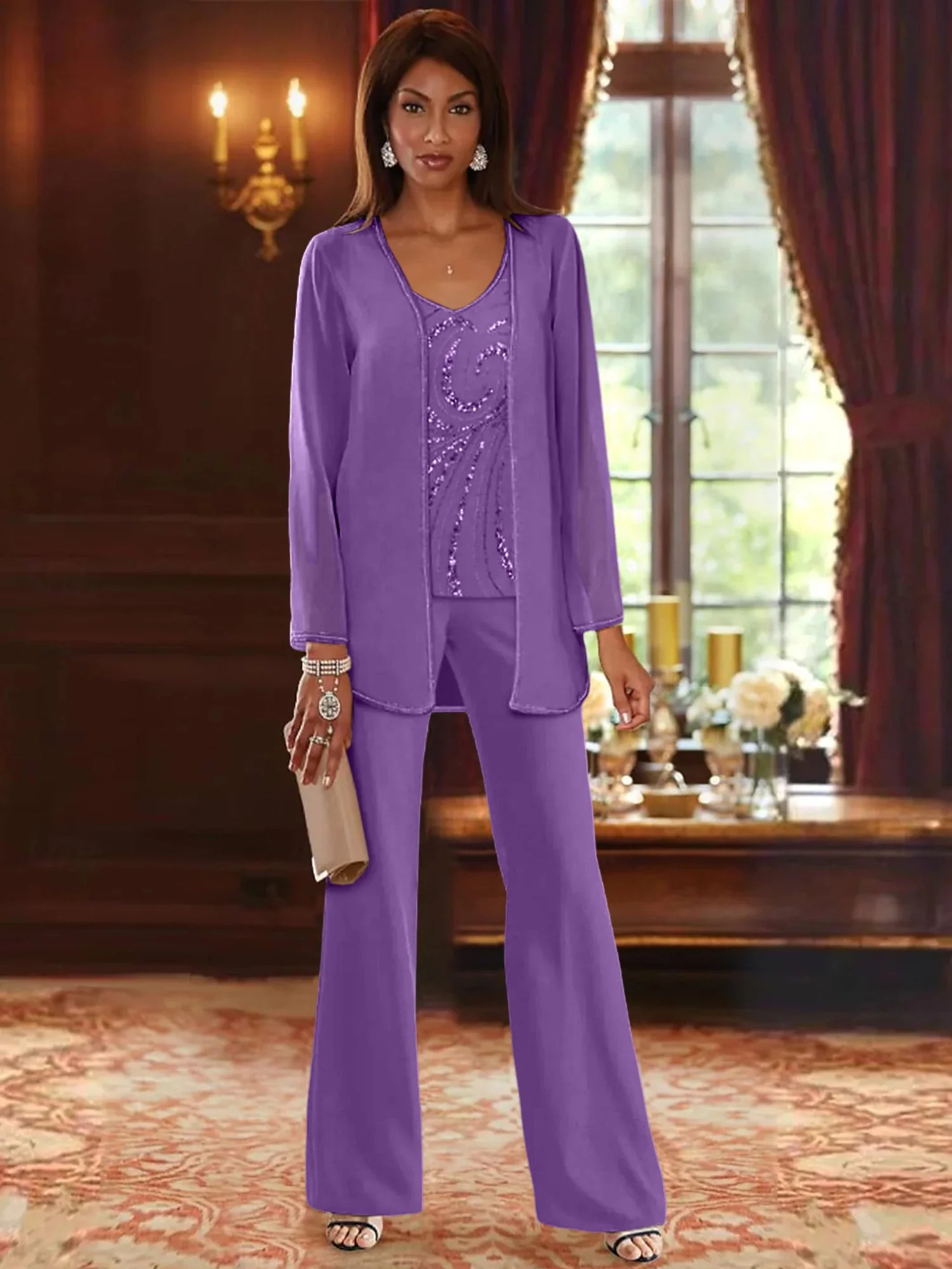 Chiffon V-Neck Floor-Length 3 Pieces Mother of the Bride Pantsuits with Jacket & Sequins - Image 60