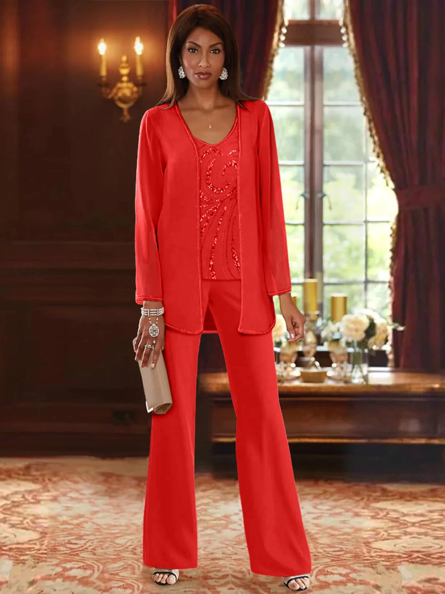 Chiffon V-Neck Floor-Length 3 Pieces Mother of the Bride Pantsuits with Jacket & Sequins - Image 61