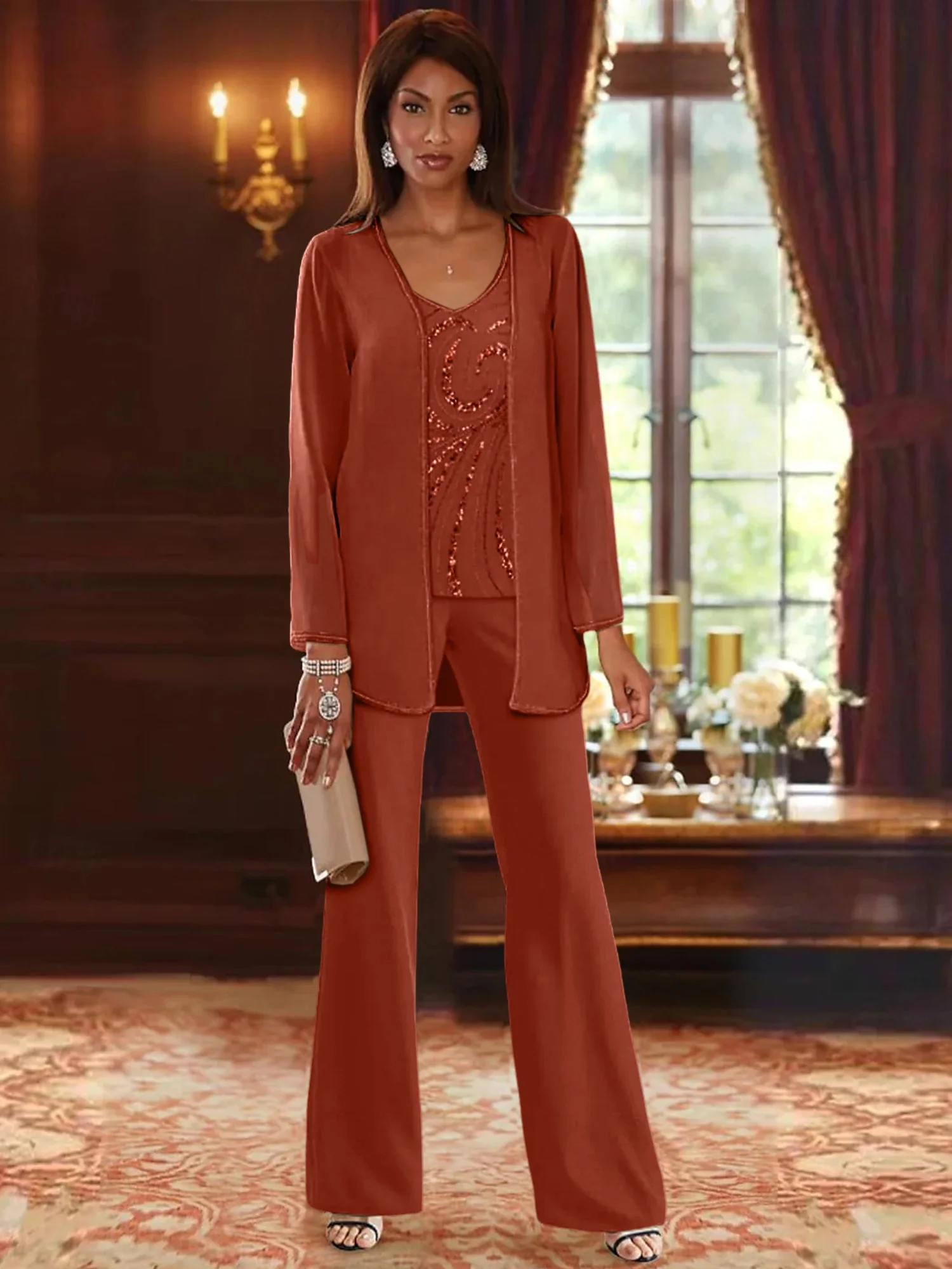 Chiffon V-Neck Floor-Length 3 Pieces Mother of the Bride Pantsuits with Jacket & Sequins - Image 63