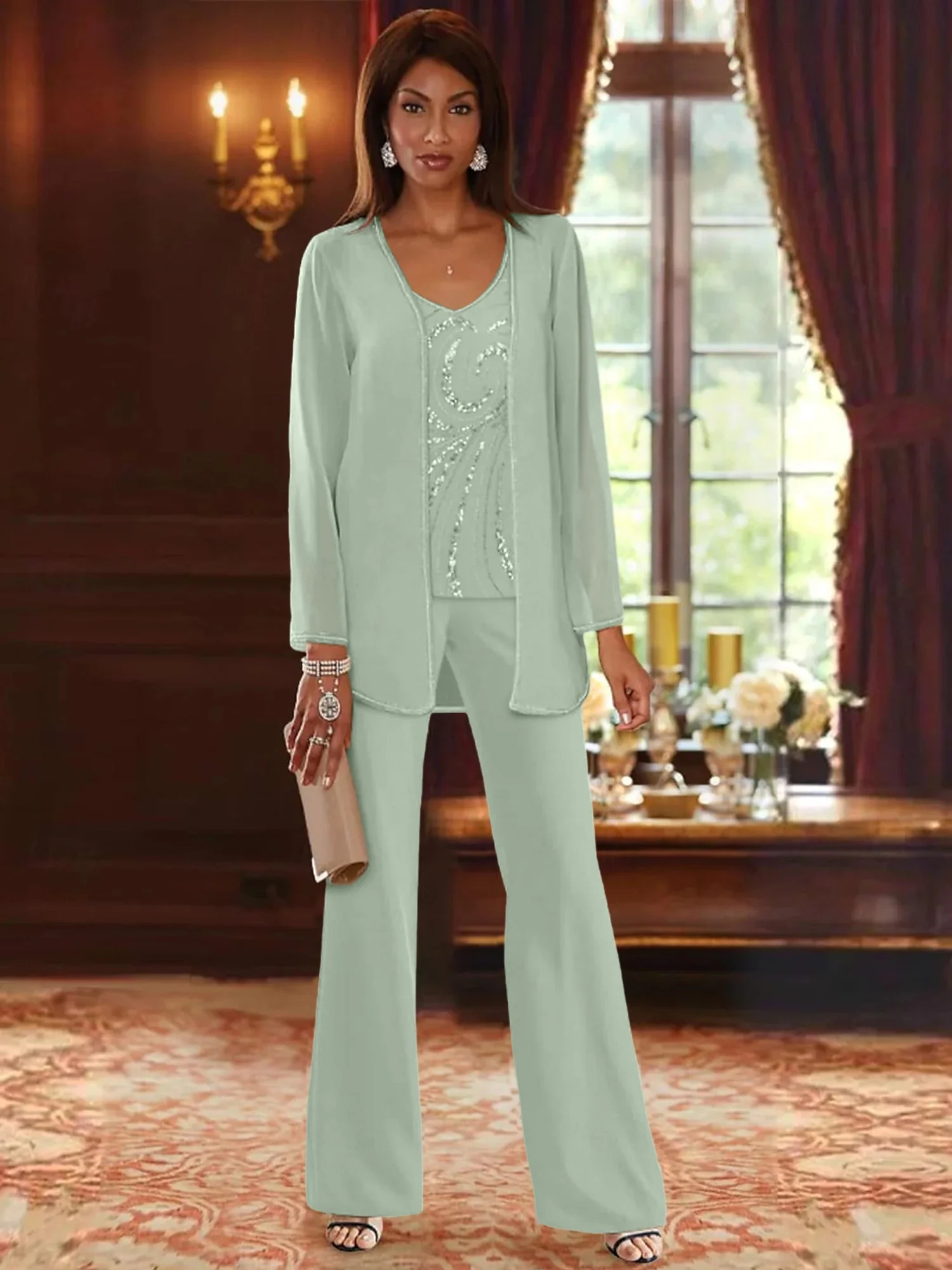Chiffon V-Neck Floor-Length 3 Pieces Mother of the Bride Pantsuits with Jacket & Sequins - Image 64