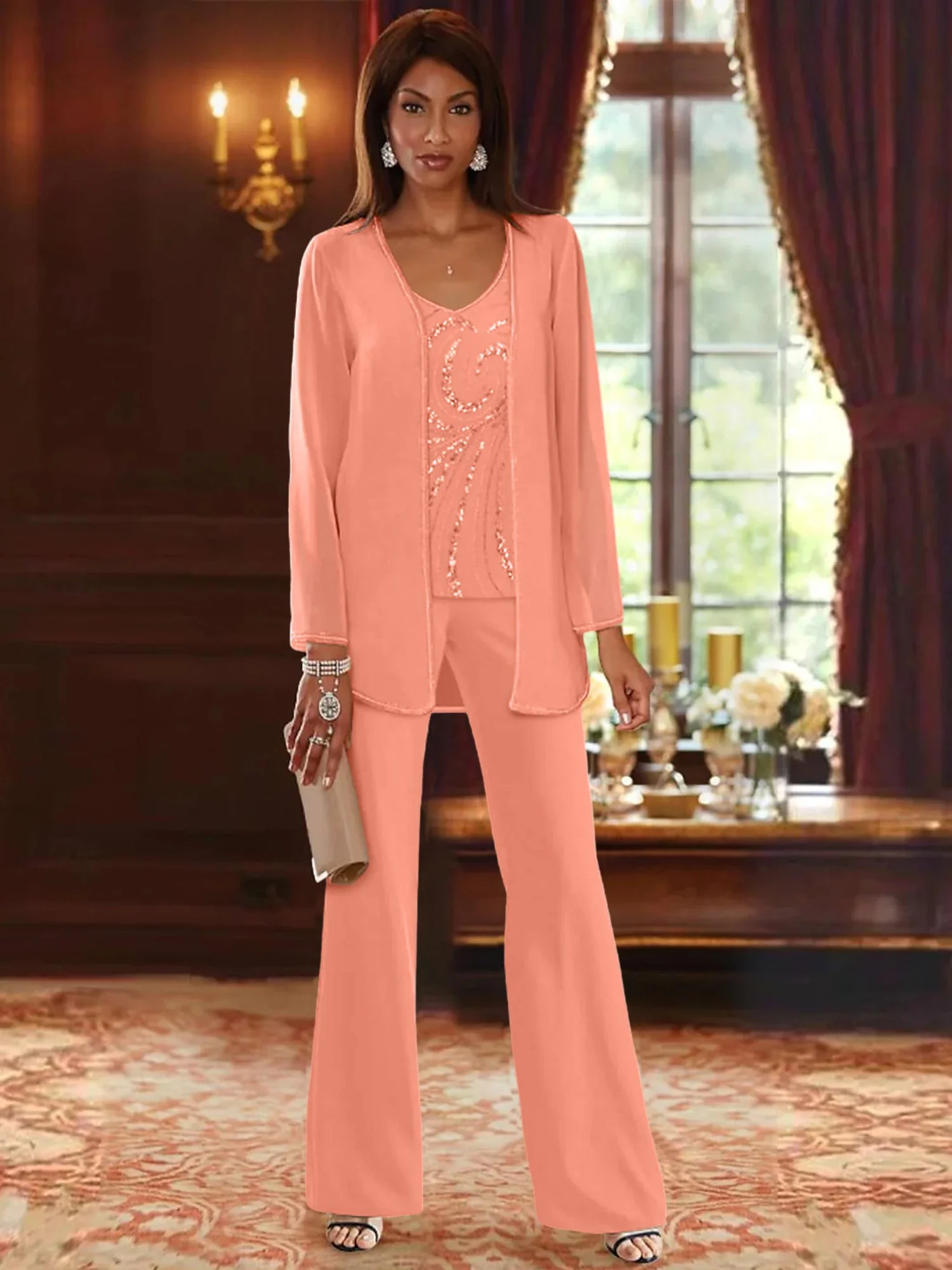 Chiffon V-Neck Floor-Length 3 Pieces Mother of the Bride Pantsuits with Jacket & Sequins - Image 65