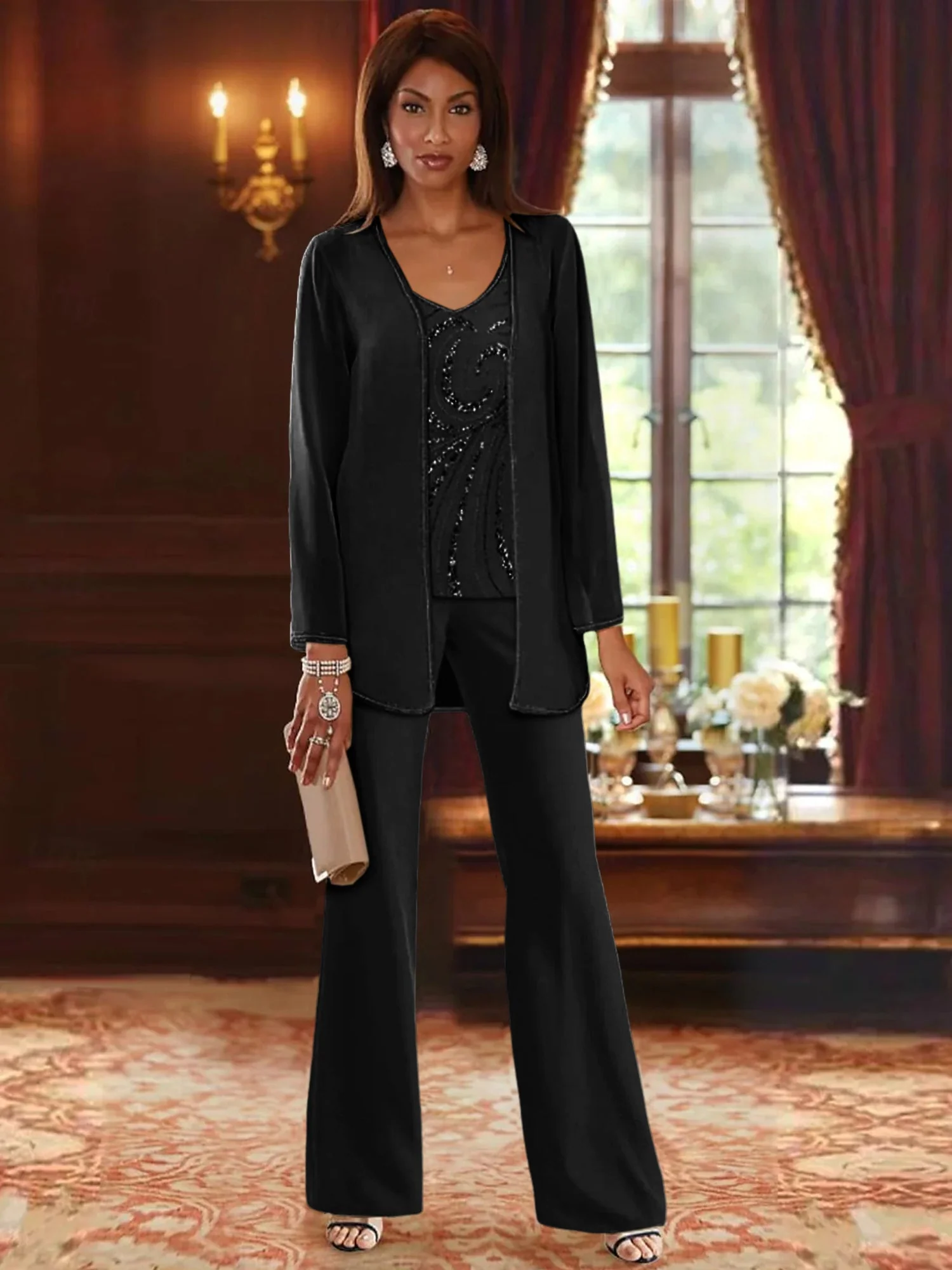 Chiffon V-Neck Floor-Length 3 Pieces Mother of the Bride Pantsuits with Jacket & Sequins - Image 7