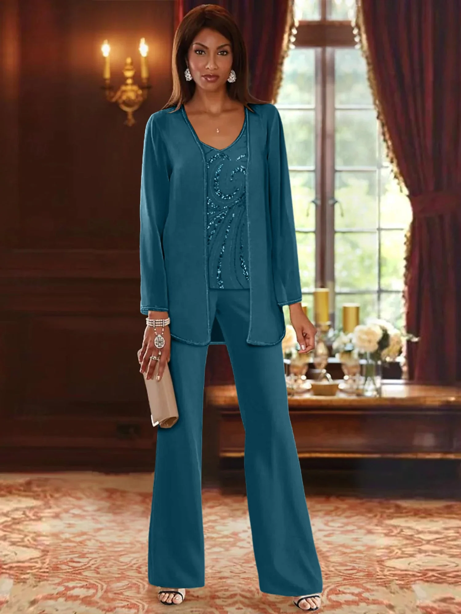 Chiffon V-Neck Floor-Length 3 Pieces Mother of the Bride Pantsuits with Jacket & Sequins - Image 71