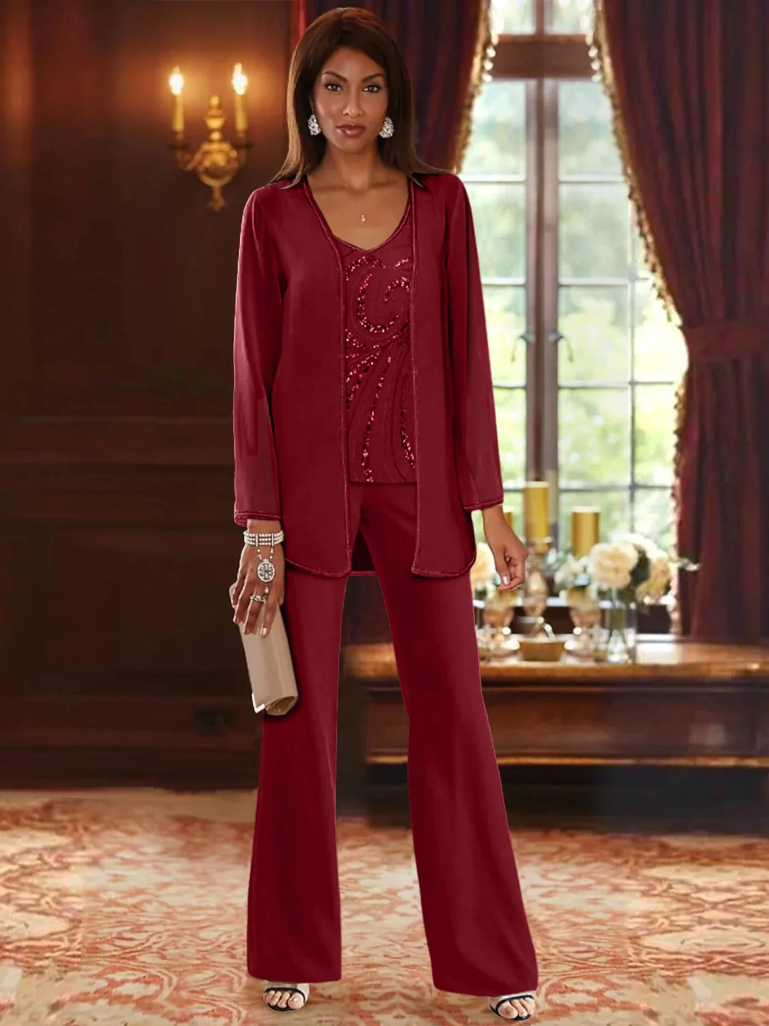 Chiffon V-Neck Floor-Length 3 Pieces Mother of the Bride Pantsuits with Jacket & Sequins - Image 73