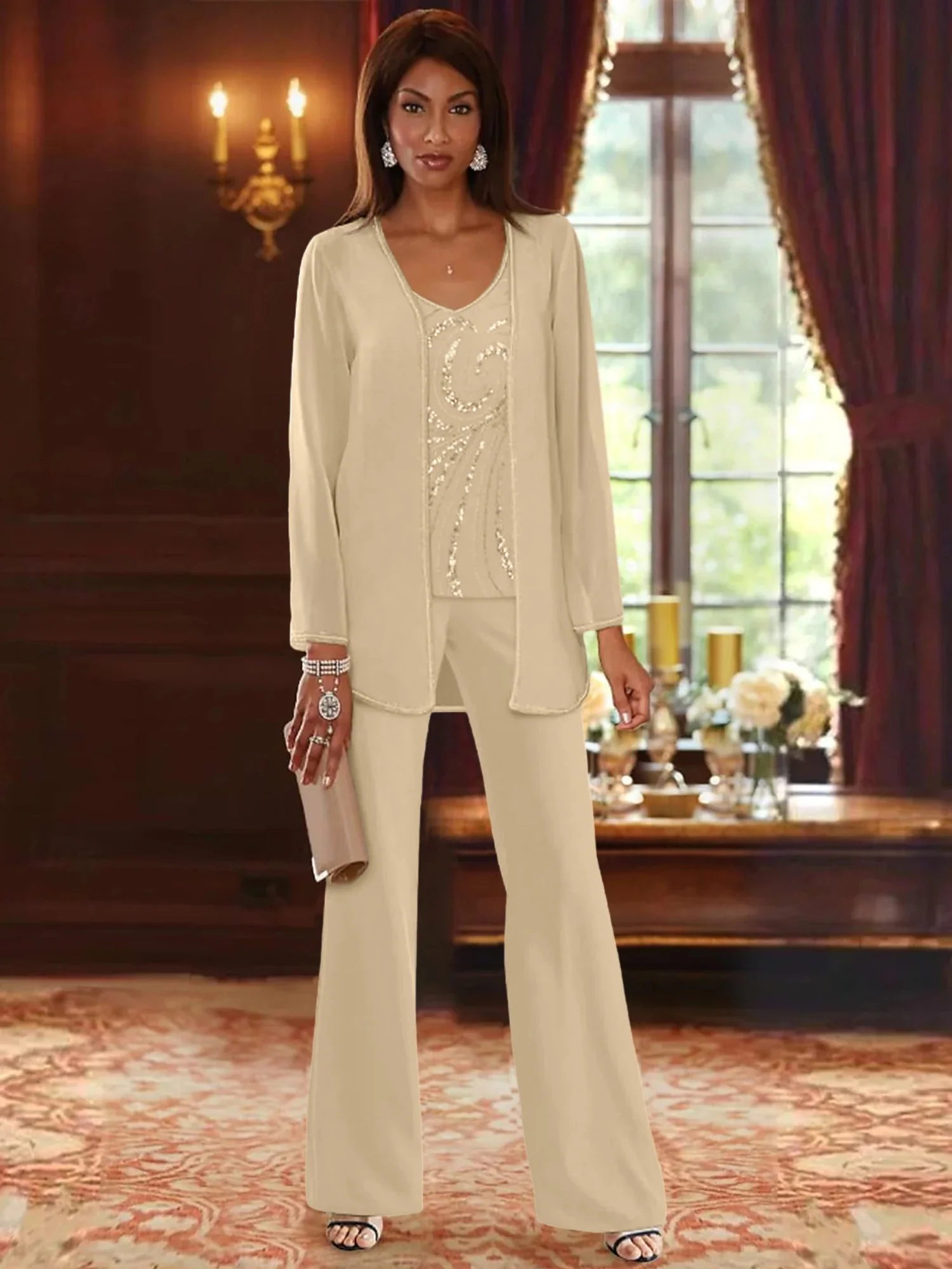 Chiffon V-Neck Floor-Length 3 Pieces Mother of the Bride Pantsuits with Jacket & Sequins - Image 8