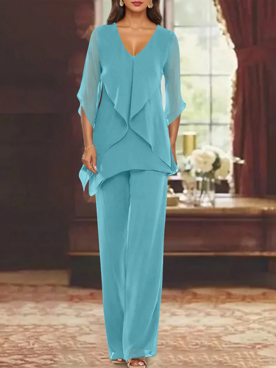 Chiffon V-Neck Half Sleeves Mother of the Bride Pantsuits with Ruffles Ankle-Length - Image 11
