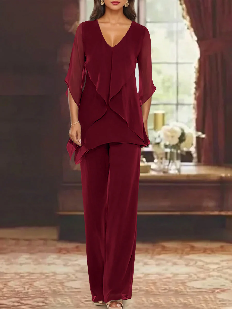 Chiffon V-Neck Half Sleeves Mother of the Bride Pantsuits with Ruffles Ankle-Length - Image 12