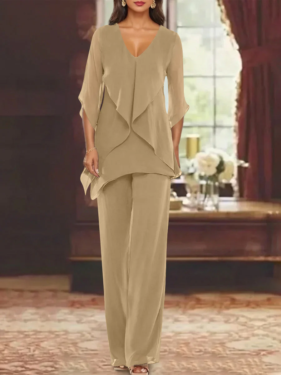 Chiffon V-Neck Half Sleeves Mother of the Bride Pantsuits with Ruffles Ankle-Length - Image 16