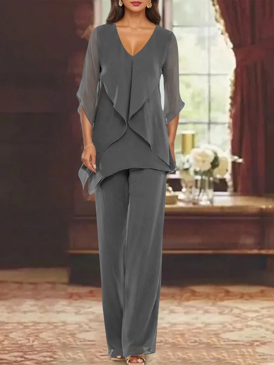 Chiffon V-Neck Half Sleeves Mother of the Bride Pantsuits with Ruffles Ankle-Length - Image 17