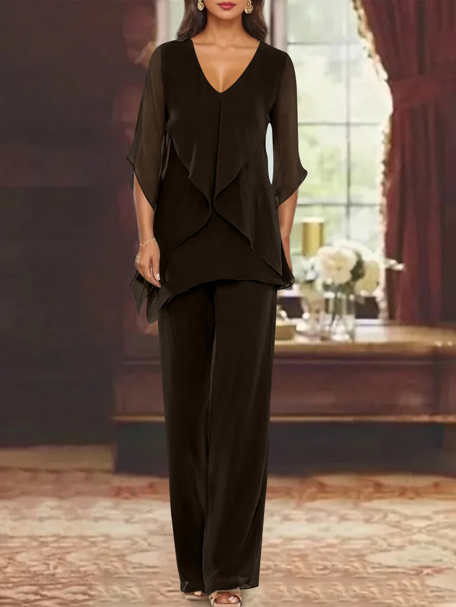 Chiffon V-Neck Half Sleeves Mother of the Bride Pantsuits with Ruffles Ankle-Length - Image 18
