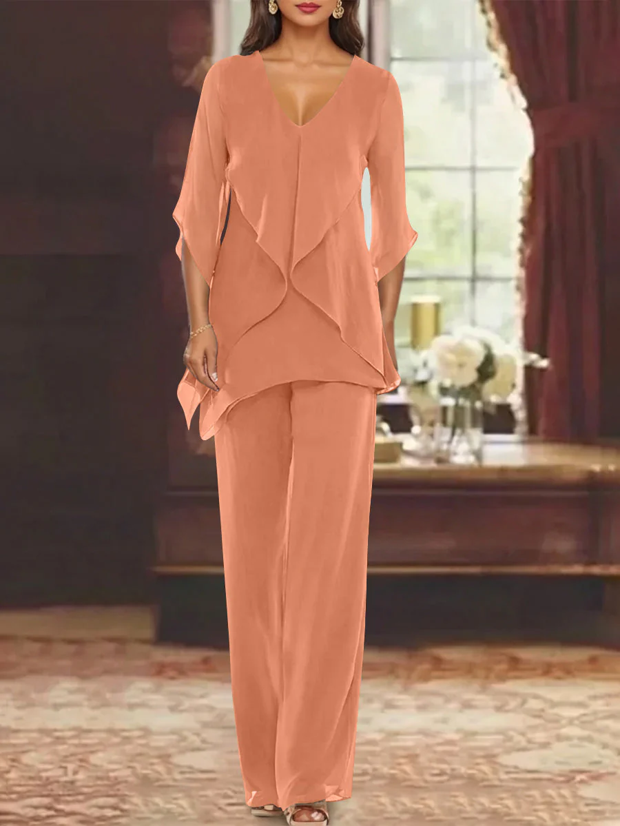 Chiffon V-Neck Half Sleeves Mother of the Bride Pantsuits with Ruffles Ankle-Length - Image 19