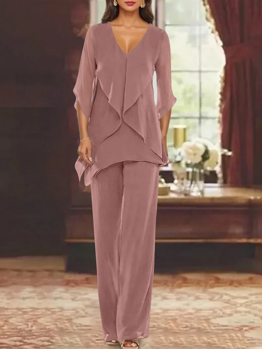 Chiffon V-Neck Half Sleeves Mother of the Bride Pantsuits with Ruffles Ankle-Length - Image 23