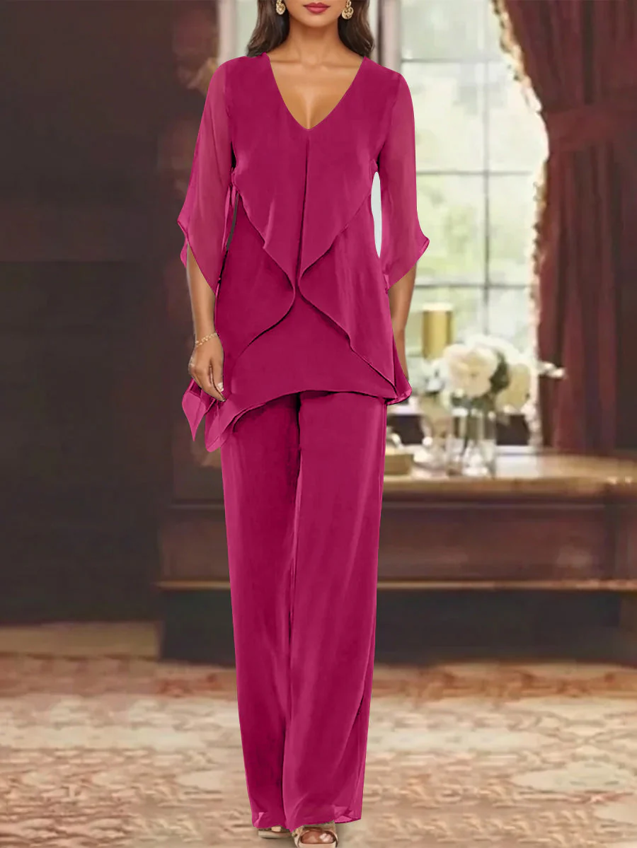 Chiffon V-Neck Half Sleeves Mother of the Bride Pantsuits with Ruffles Ankle-Length - Image 25