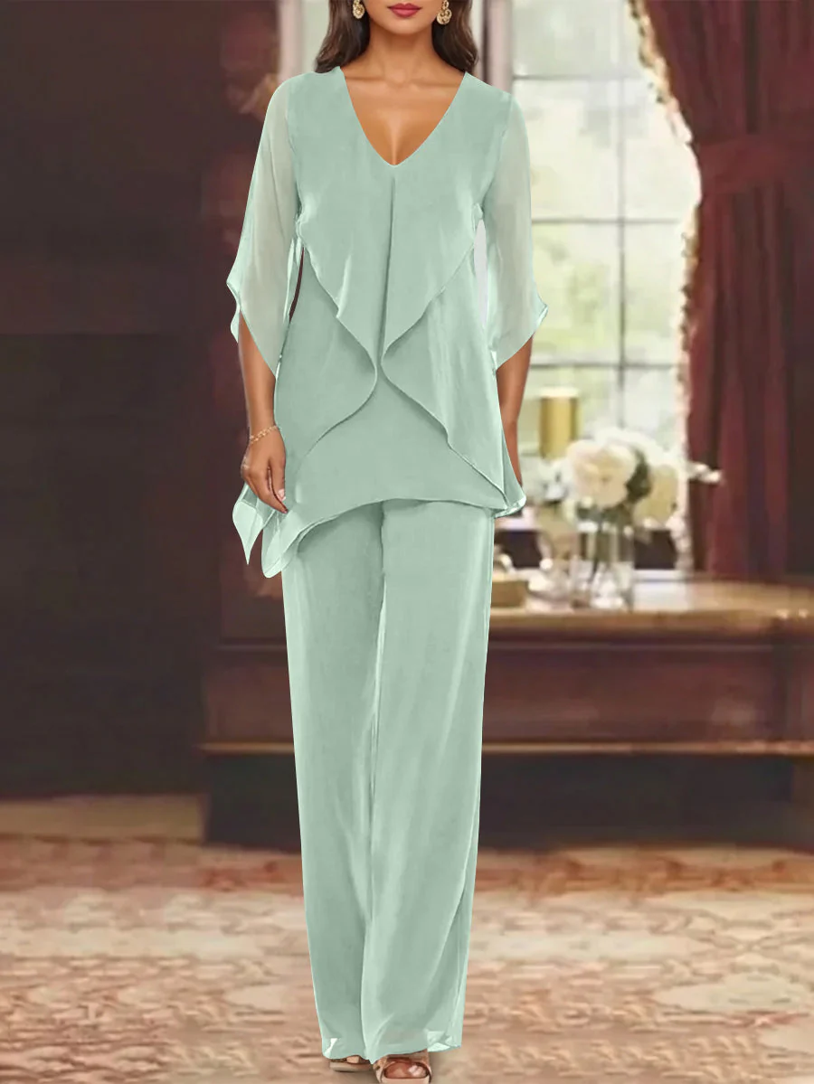 Chiffon V-Neck Half Sleeves Mother of the Bride Pantsuits with Ruffles Ankle-Length - Image 34
