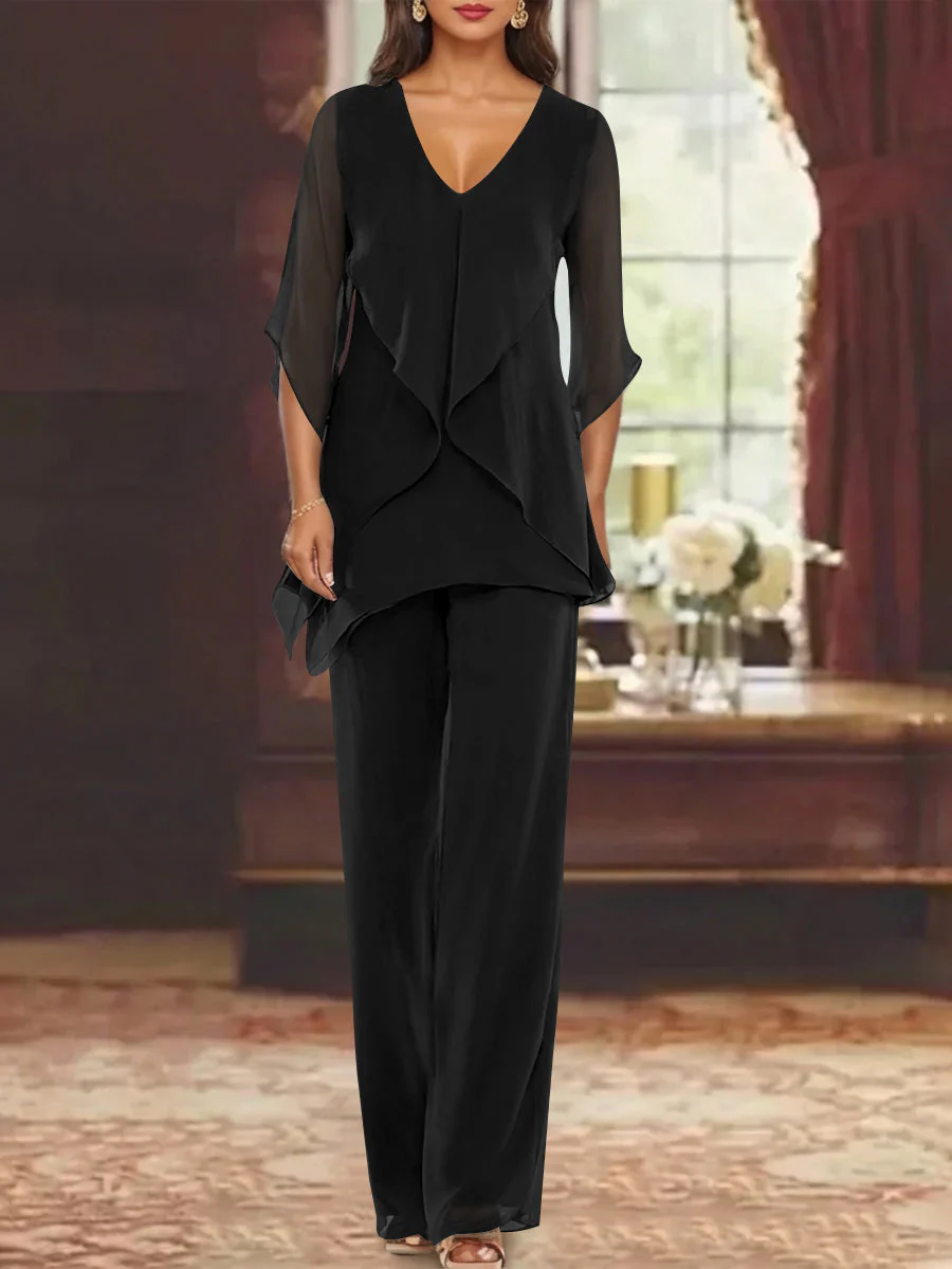 Chiffon V-Neck Half Sleeves Mother of the Bride Pantsuits with Ruffles Ankle-Length - Image 4