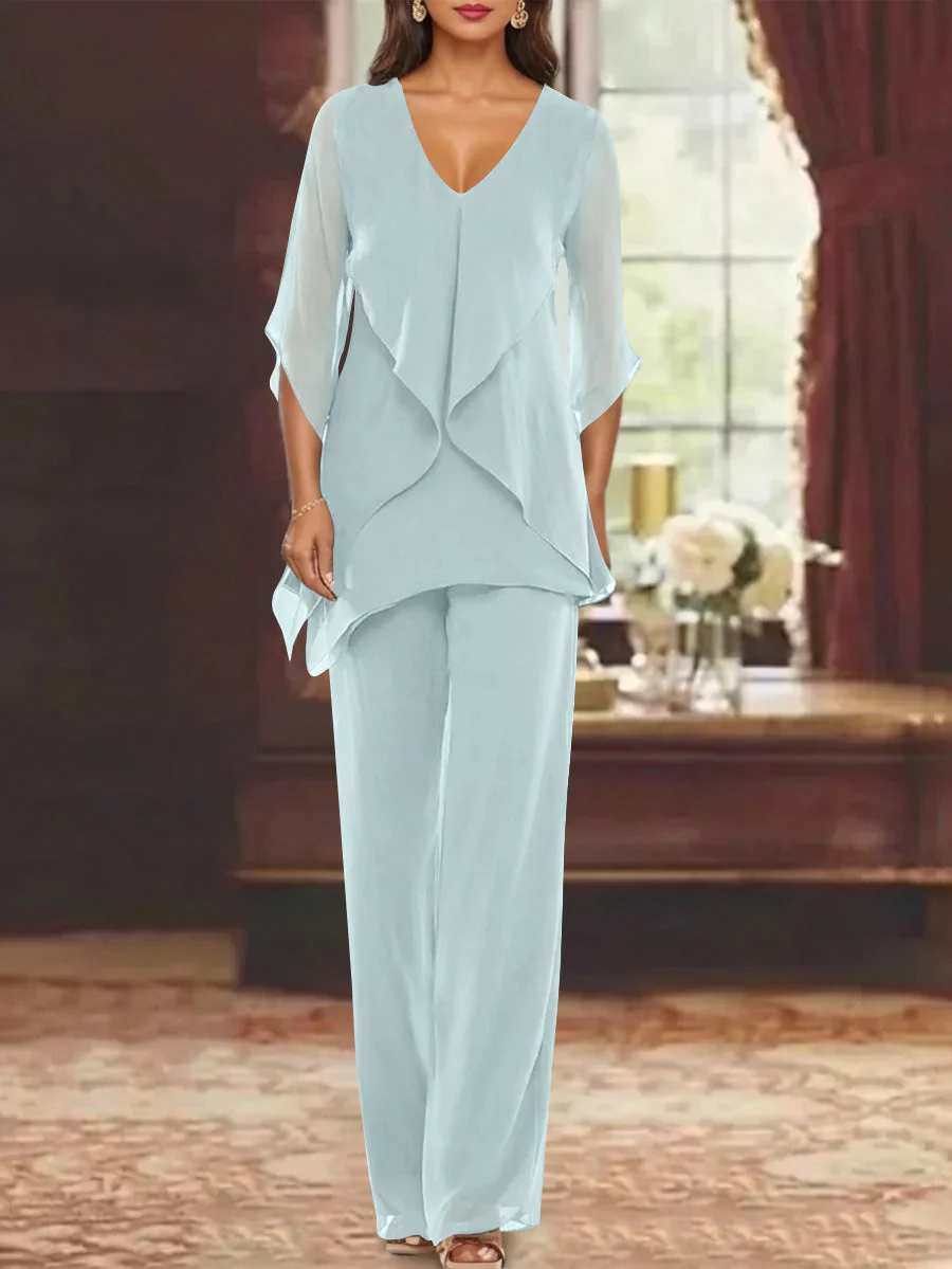 Chiffon V-Neck Half Sleeves Mother of the Bride Pantsuits with Ruffles Ankle-Length - Image 46