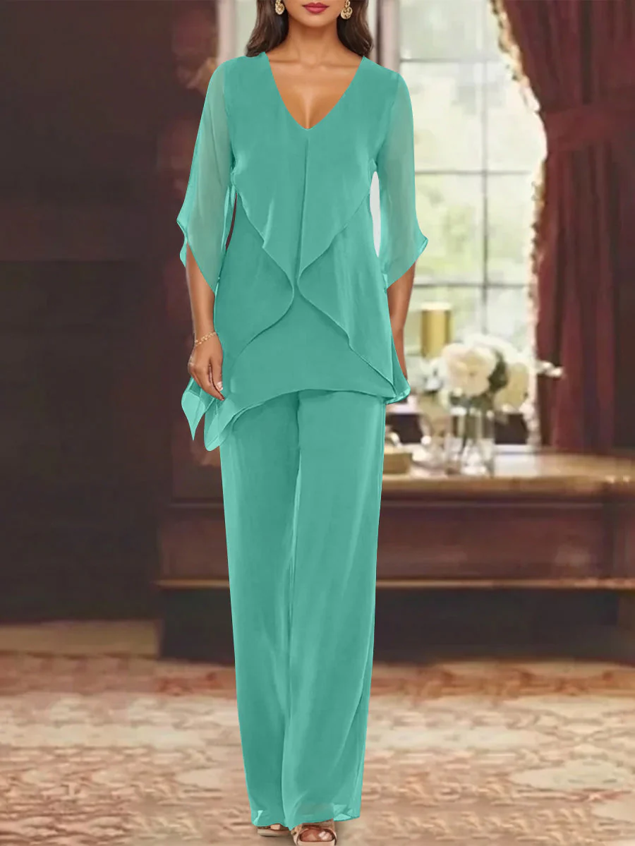 Chiffon V-Neck Half Sleeves Mother of the Bride Pantsuits with Ruffles Ankle-Length - Image 47