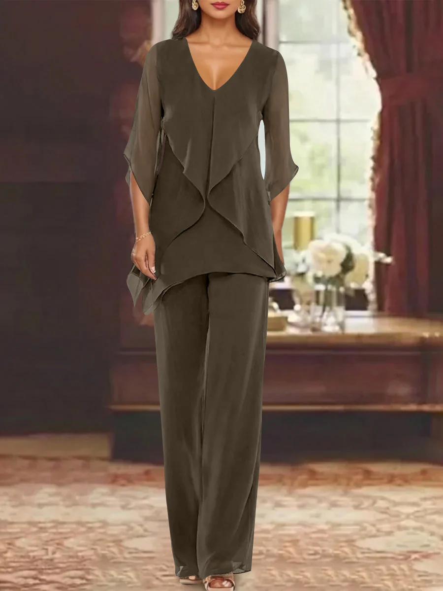 Chiffon V-Neck Half Sleeves Mother of the Bride Pantsuits with Ruffles Ankle-Length - Image 49