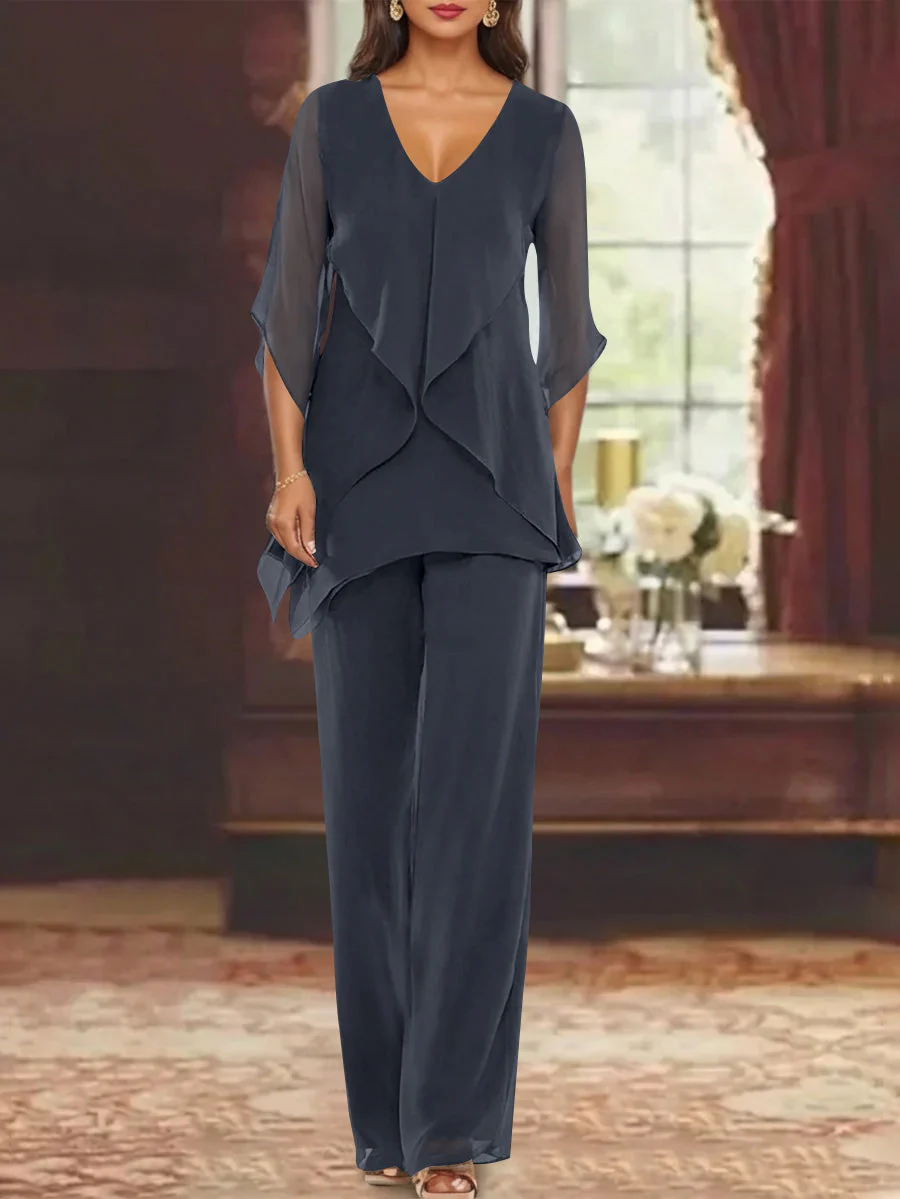 Chiffon V-Neck Half Sleeves Mother of the Bride Pantsuits with Ruffles Ankle-Length - Image 5