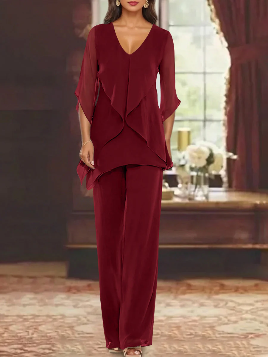 Chiffon V-Neck Half Sleeves Mother of the Bride Pantsuits with Ruffles Ankle-Length - Image 52
