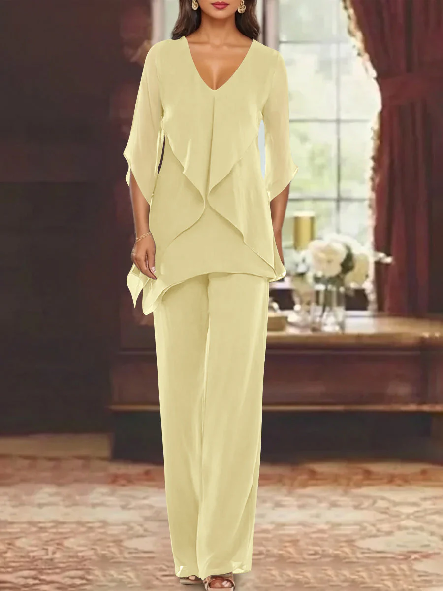 Chiffon V-Neck Half Sleeves Mother of the Bride Pantsuits with Ruffles Ankle-Length - Image 54