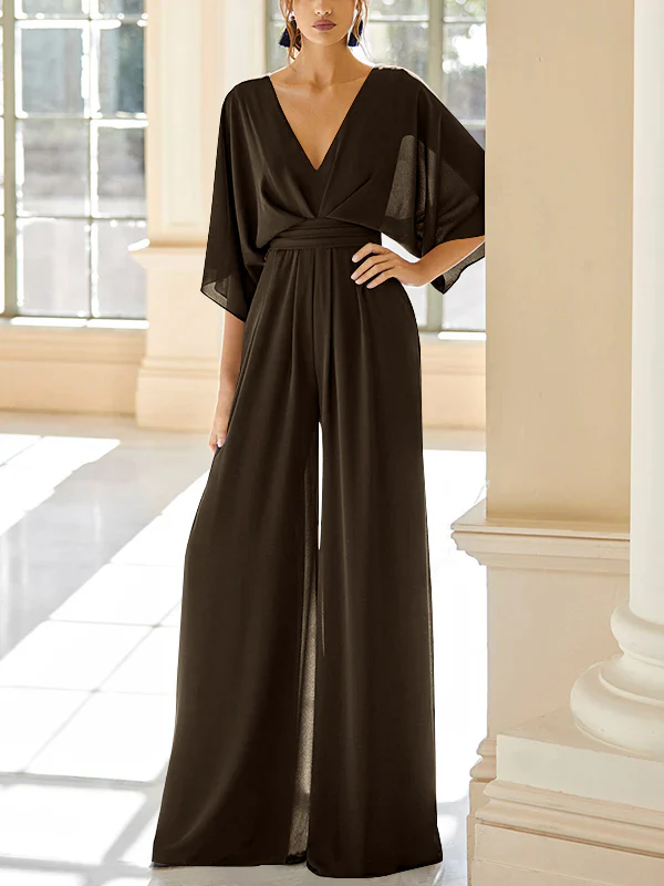 Chiffon V-Neck Mother of the Bride Pantsuits with Pockets - Image 11