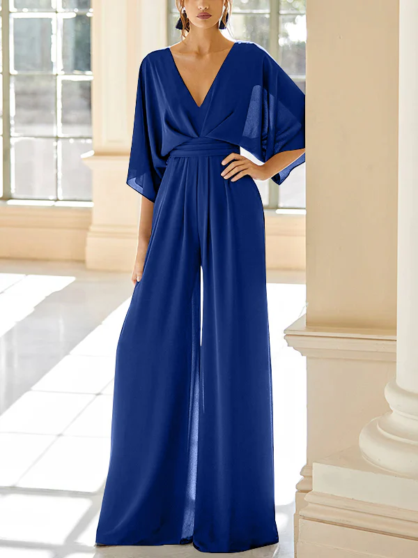 Chiffon V-Neck Mother of the Bride Pantsuits with Pockets - Image 15