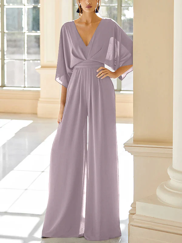 Chiffon V-Neck Mother of the Bride Pantsuits with Pockets - Image 16